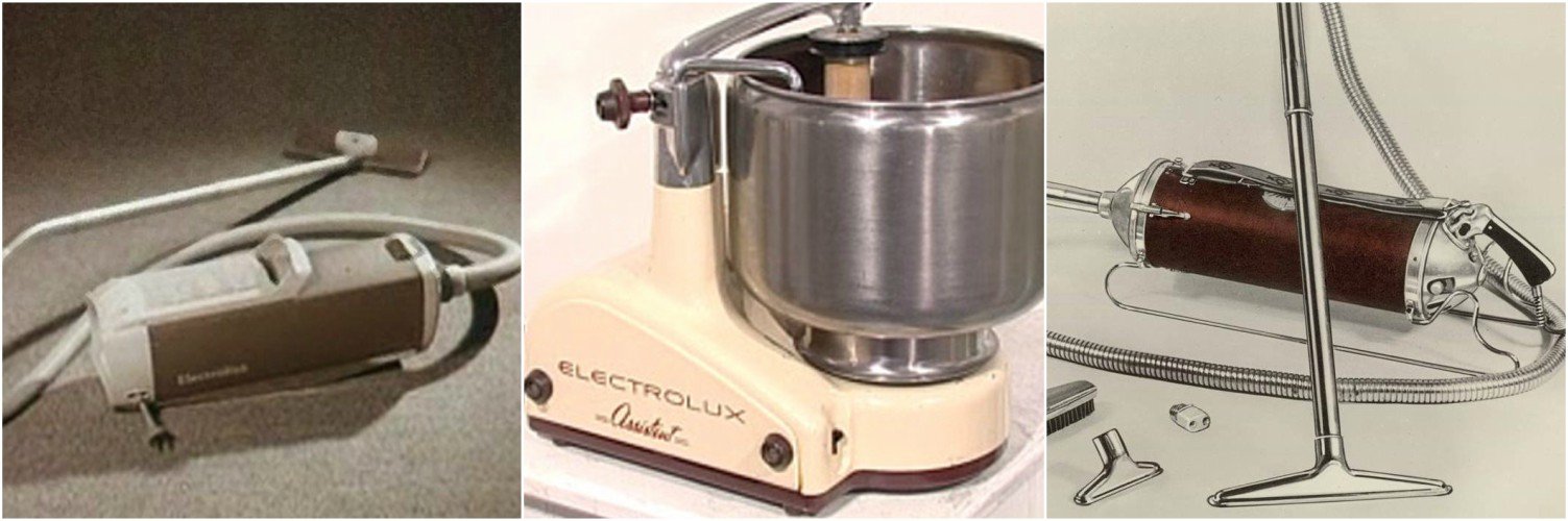 Η σκούπα Luxomatic με περιτύλιξη καλωδίου και ένδειξη σκόνης που δείχνει πότε γεμίζει η σακούλα και το πολυμίξερ Assistent