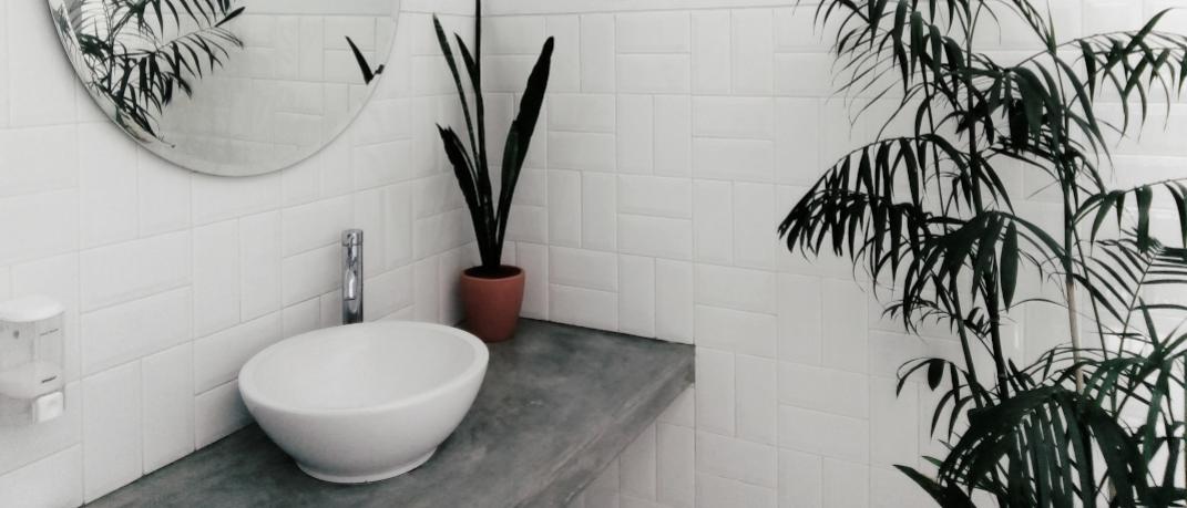 Mπάνιο διαμερίσματος με μεγάλο στρογγυλό καθρέπτης, φυτά, νιπτήρα 