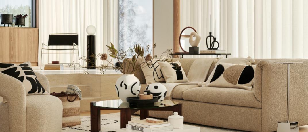 Μοντέρνο σαλόνι με διακοσμητικά αξεσουάρ της H&M Home