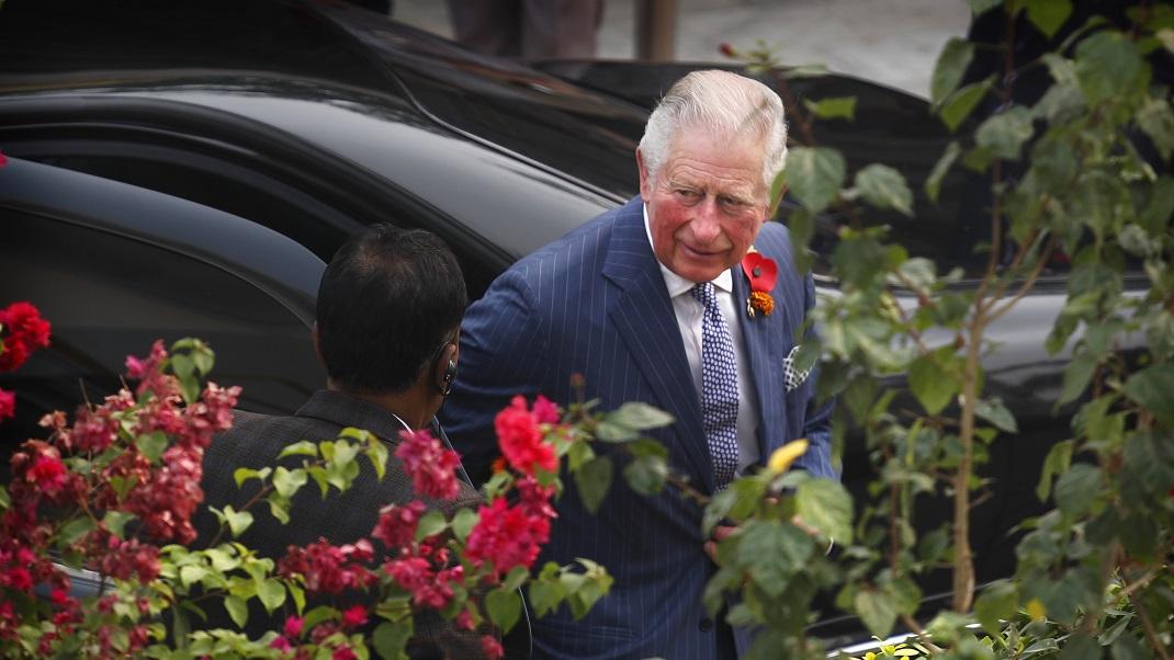 Ο πρίγκιπας Κάρολος με ριγέ σακάκι και λουλούδι στο πέτο