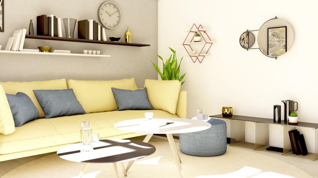 Σαλόνι καθιστικού με κίτρινο καναπέ, καθρέπτη, ράφια, τραπεζάκια