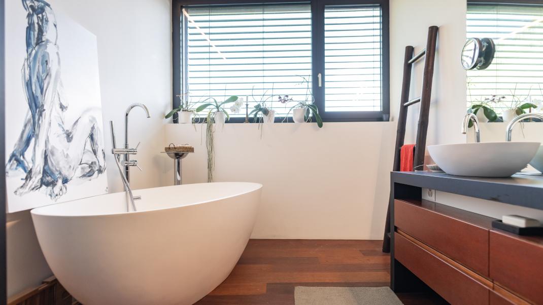 Μπάνιο διαμερίσματος με μπανιέρα, σκάλα, φυτά, νιπτήρα 