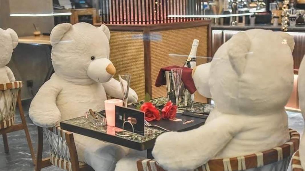 Αρκούδοι κάθονται στις καρέκλες του καφέ