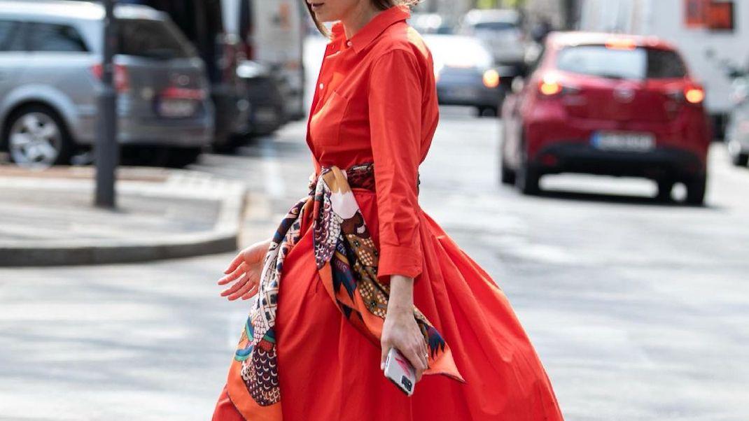 Woman Red Dress scarf street style
