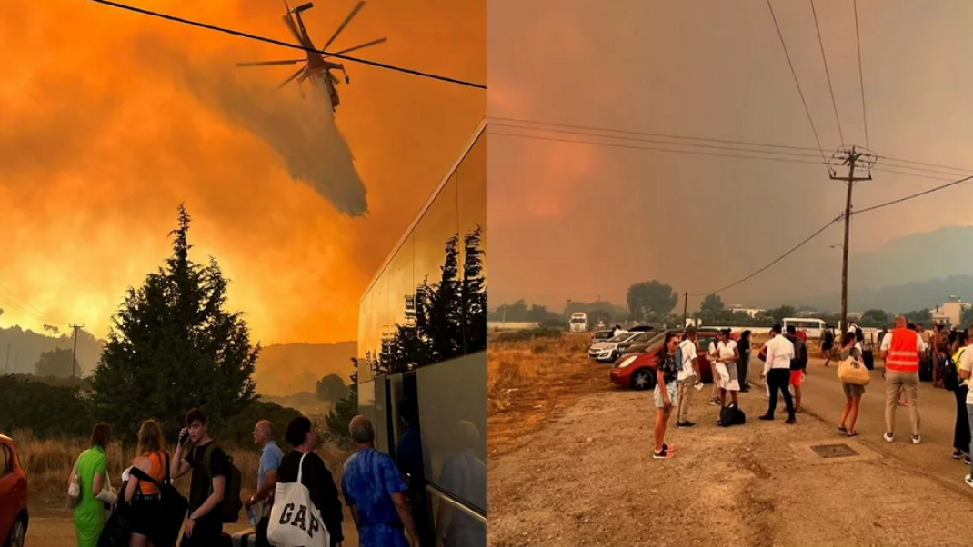 Η στιγμή που το ελικόπτερο με ρίψεις νερού ανοίγει δρόμο για τη διάσωση τουριστών μέσα από τις φλόγες στη Ρόδο
