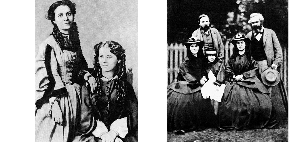 Αριστερά: Οι κόρες του Καρλ Μαρξ - Δεξιά: Ο Καρλ Μαρξ, ο Ένγκελς και οι κόρες του Μαρξ