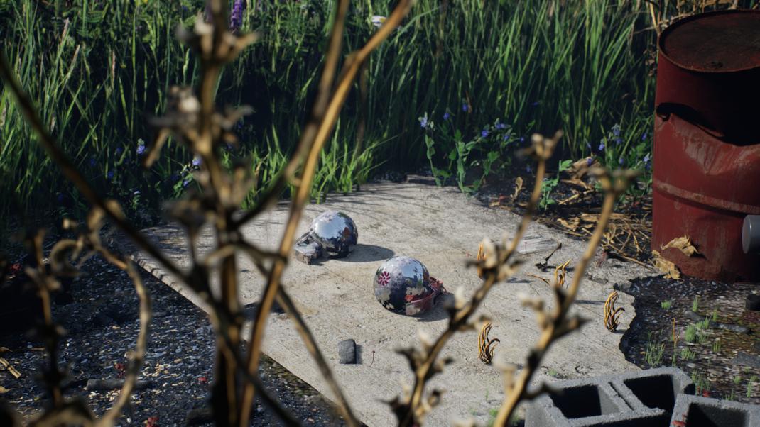 Γιώργος Παπαφίγκος / Yorgos Papafigos, A random event in the field (Partner), 2022, Computer 3D simulation, 4K video, binaural sound, video still, Courtesy of the Artist