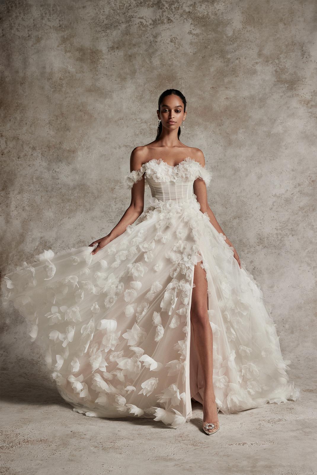 VIRGIL: TULLE A-LINE WEDDING GOWN WITH 3D FLOWERS AND EXPOSED BONING
