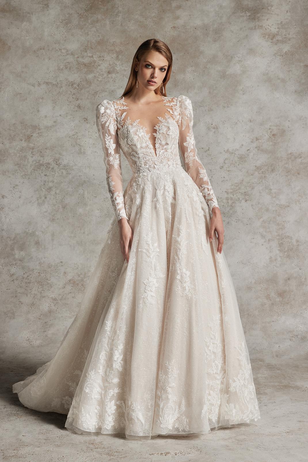 YARINA: ALLOVER SPARKLE BALL GOWN WITH ILLUSION NECKLINE AND PUFF SLEEVES