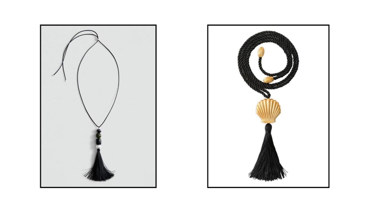 Από αριστερά: Κολιέ με δερμάτινο κορδόνι, €17,99, Mango, shop.mango.com και κολιέ με μεταξωτό κορδόνι, €287, Julietta, farfetch.com