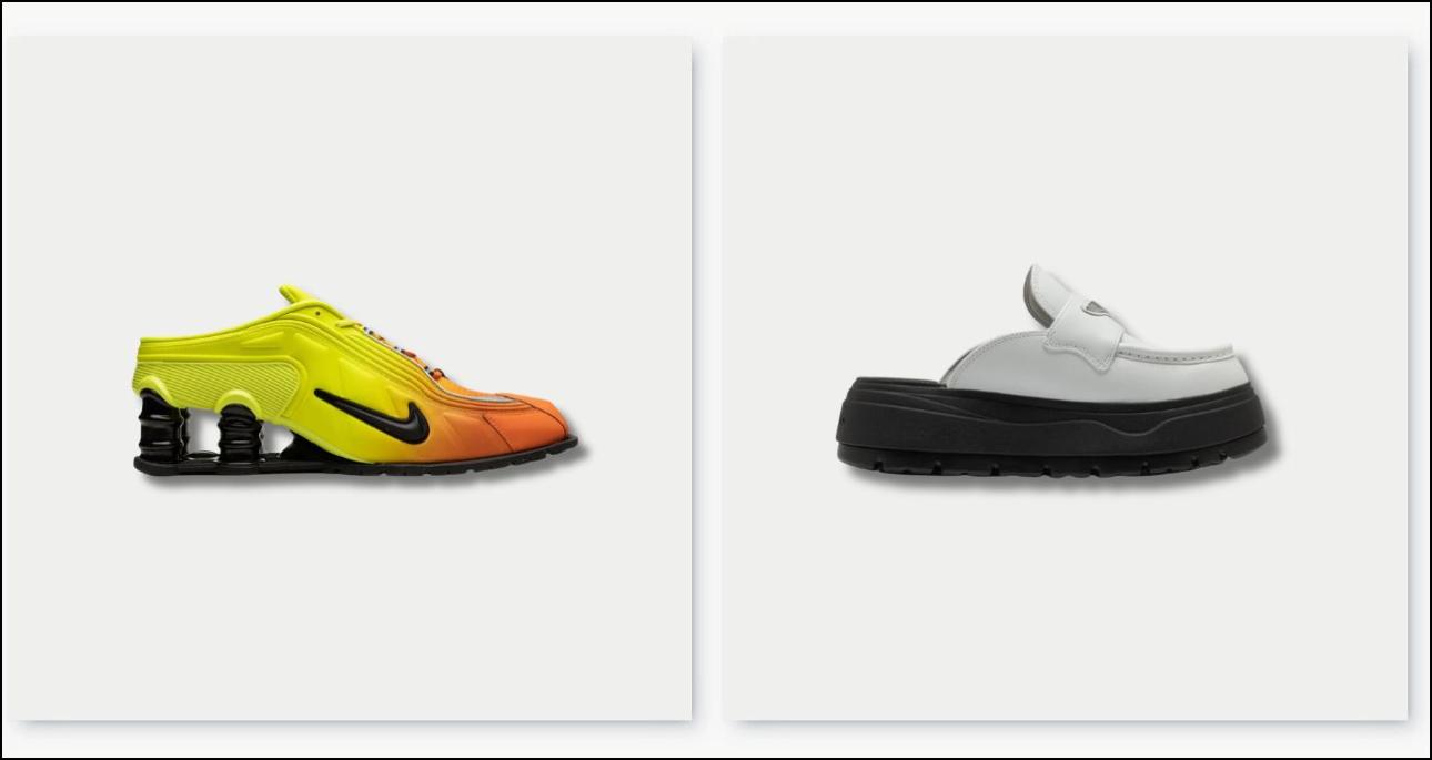 Από αριστερά: Sneakers, €636, Nike x Martine Rose Shox R4 Mule «Safety Orange», farfetch.com και mules, €149,99, Air Jordan Mule, bstn.com