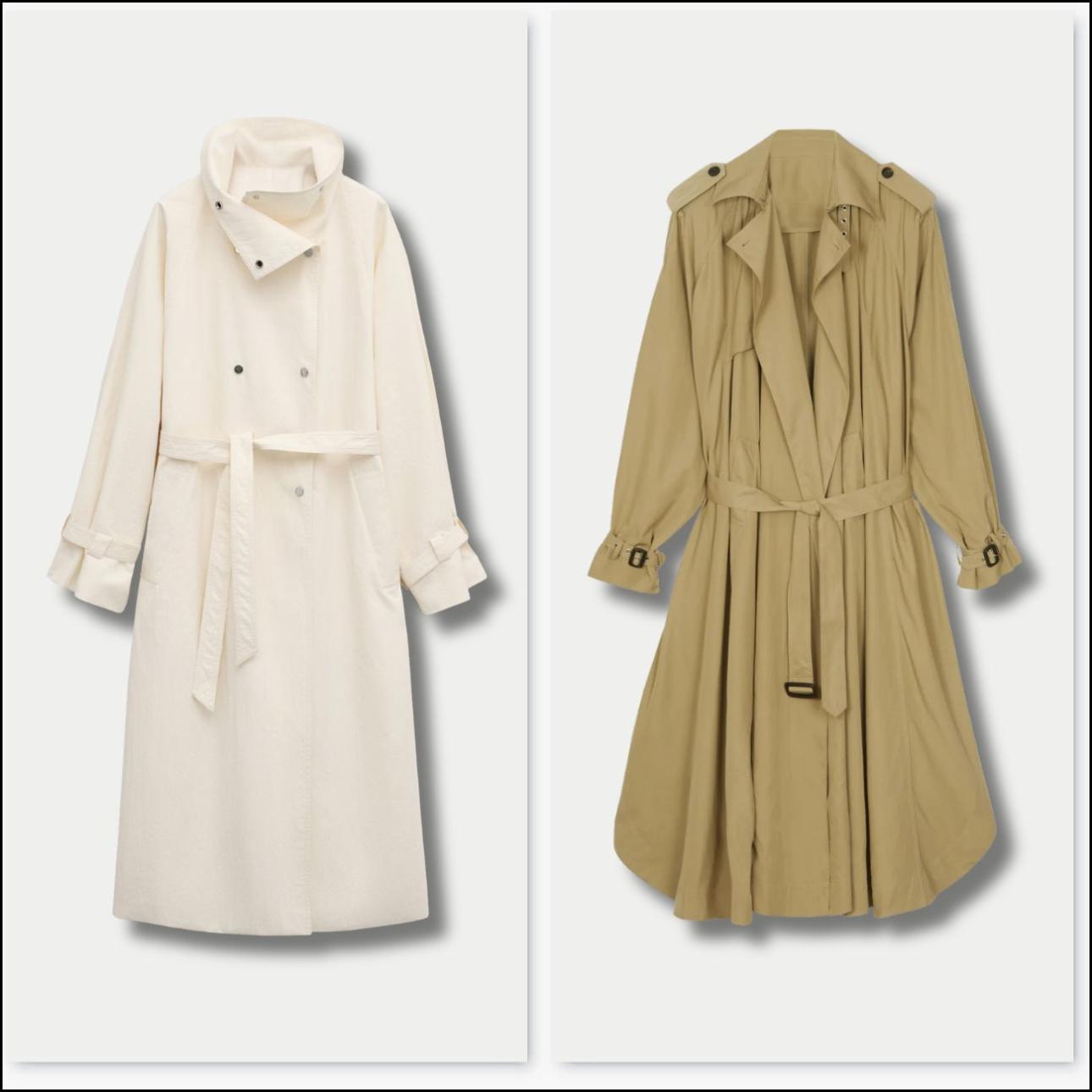 Από αριστερά: Off white καμπαρντίνα, €199,99, Mango, shop.mango.com και μπεζ καμπαρντίνα, €475, The Frankie Shop,eu.thefrankieshop.com