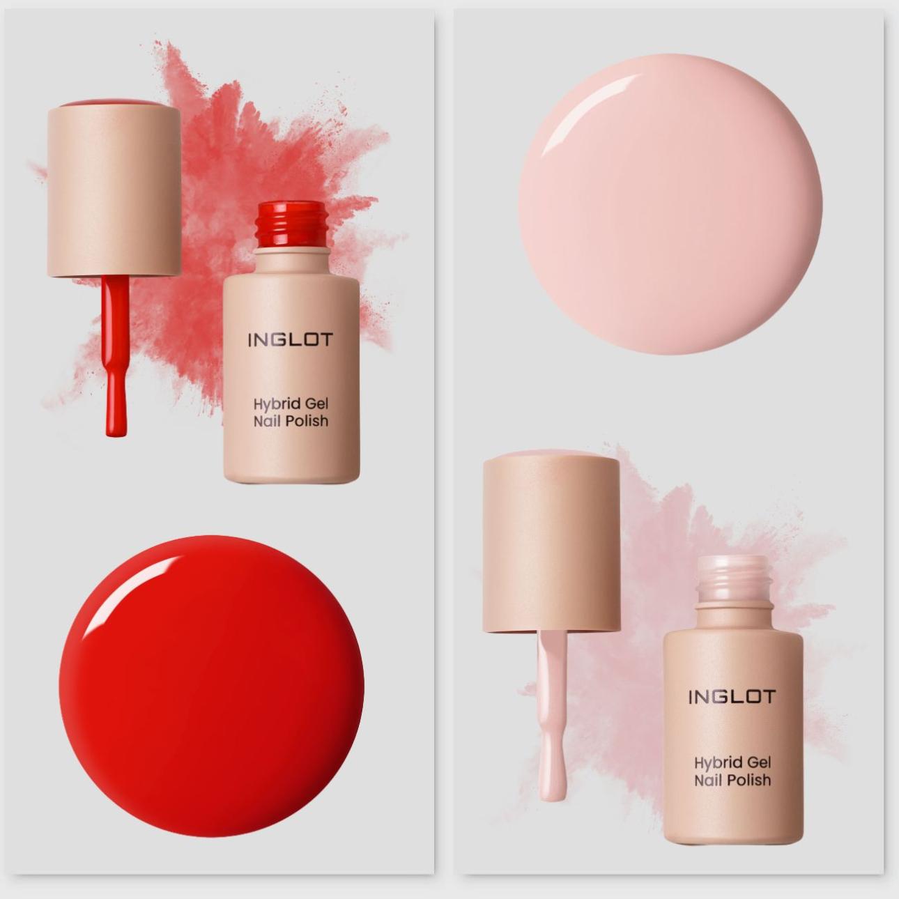   Από δεξιά: Hybrid Gel Nail Polish, απόχρωση  313 Classic Red, Inglot Hybrid Gel Nail Polish, απόχρωση  304 Milky Pink, Inglot  
