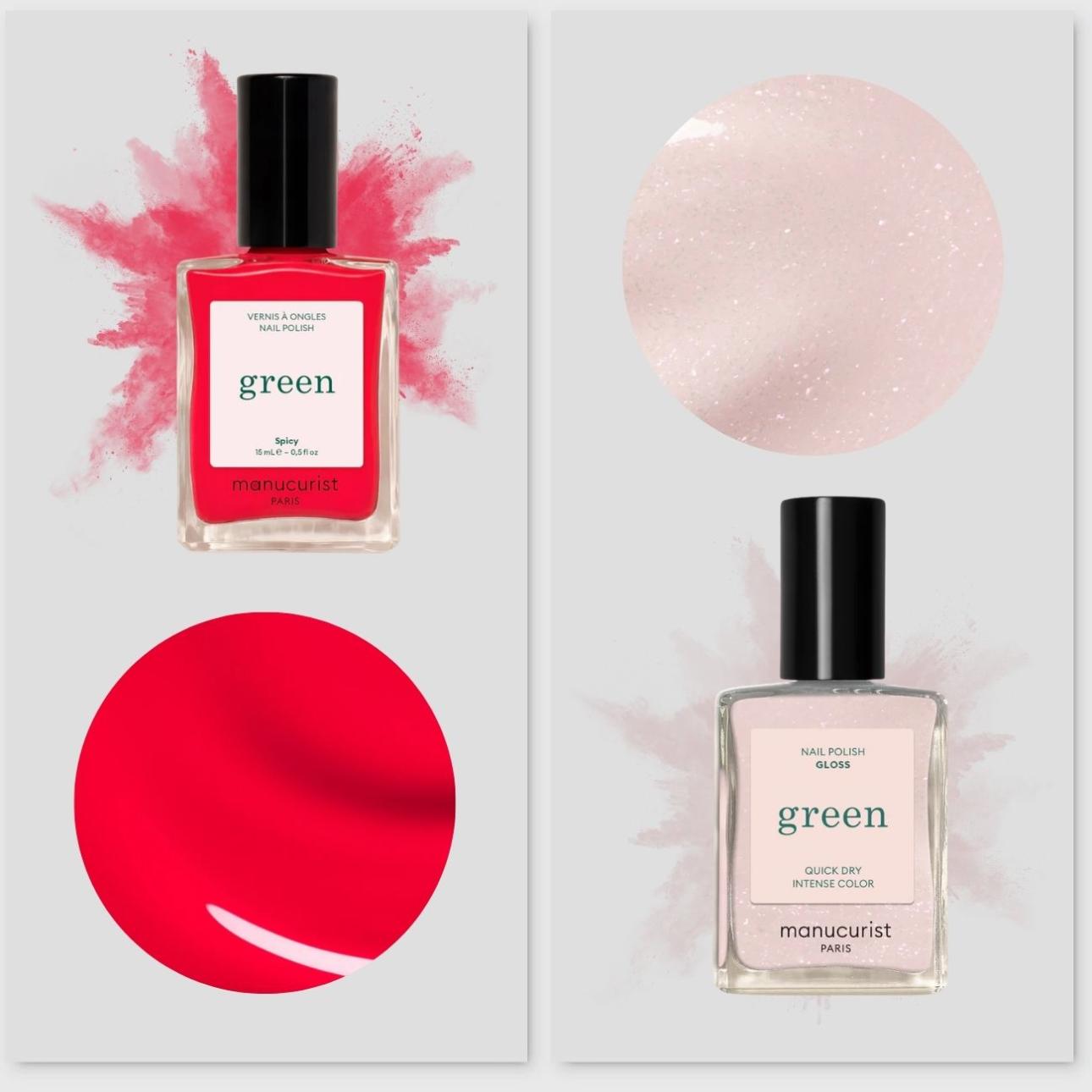 Από δεξιά: Vernis à ongles Green™, απόχρωση Gloss, Manucurist  Vernis à ongles Green™, απόχρωση Spicy, Manucurist
