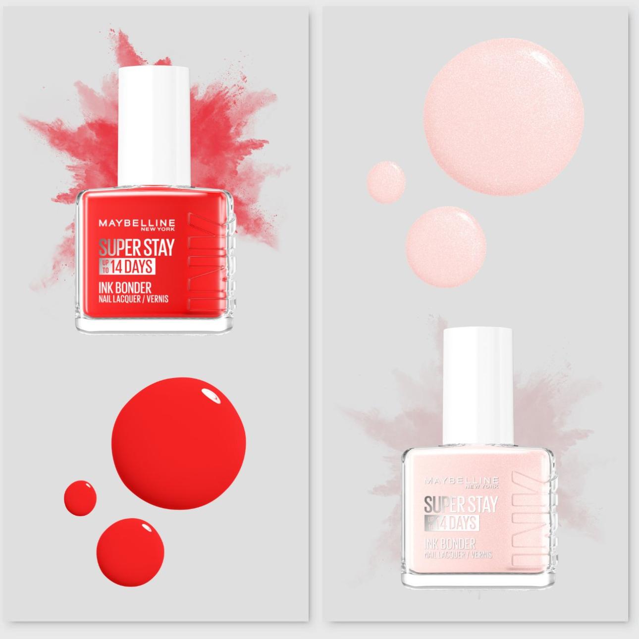 Από δεξιά: Superstay Ink Bonder Nail Polish, απόχρωση 493 Blood Orange, Maybelline New York  Superstay Ink Bonder Nail Polish, απόχρωση 78 Porcelain, Maybelline New York 