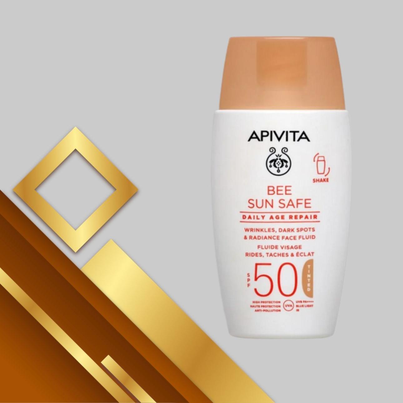 Bee Sun Safe Daily Age Repair Tinted SPF 50, Apivita Σύνθεση με χρώμα που προλαμβάνει και μειώνει τις ρυτίδες και αναπληρώνει την υγρασία της επιδερμίδας με θαλάσσια φύκη, ενώ ενισχύει τη λάμψη της επιδερμίδας με 3% νιασιναμίδη. 