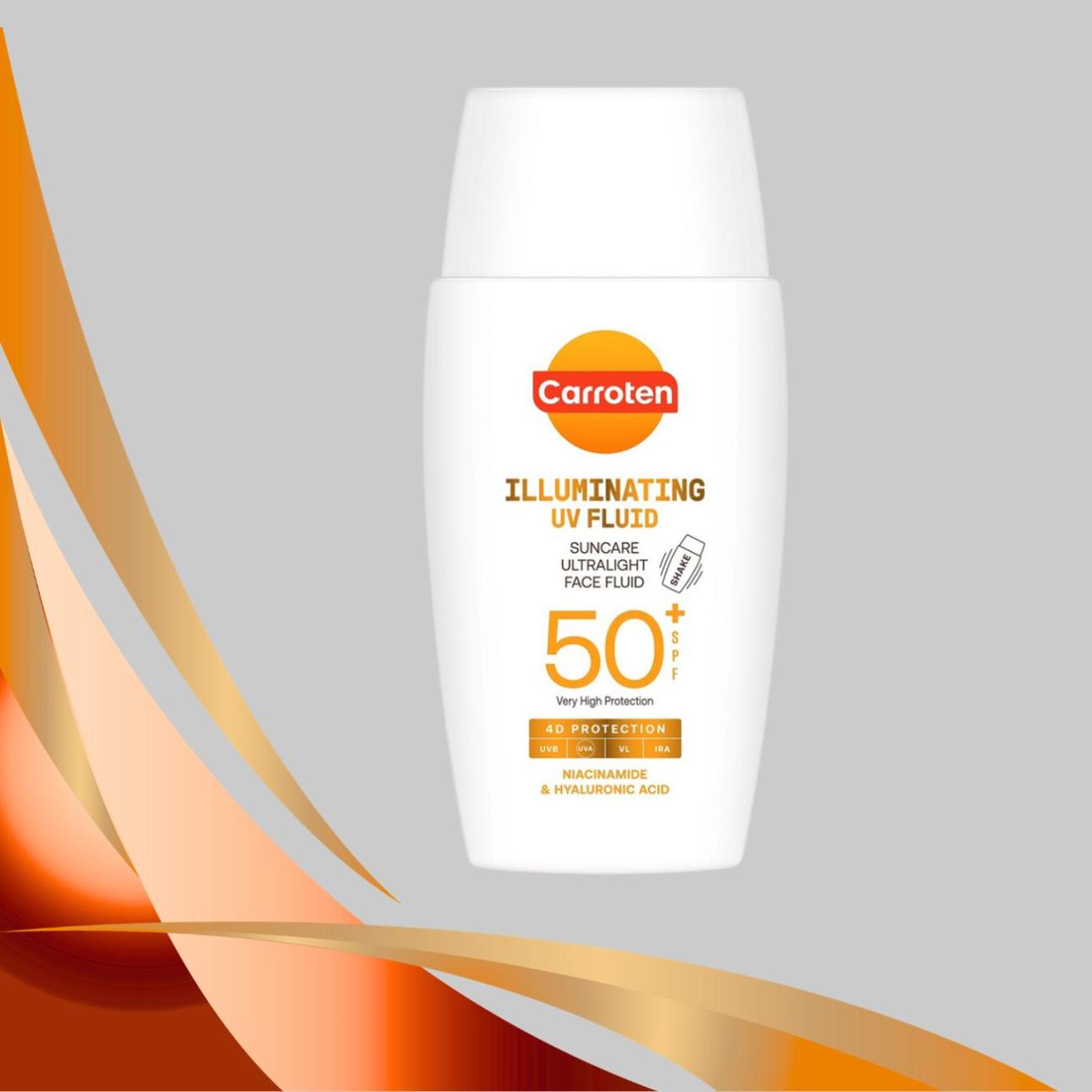 Illuminating UV Fluid SPF50+, Carroten Σύνθεση ενισχυμένη με νιασιναμίδη, γνωστή για τις αντιγηραντικές και αντιοξειδωτικές ιδιότητες, καθώς και για την ικανότητα της να δίνει λάμψη, και υαλουρονικό οξύ, το πιο διαδεδομένο συστατικό για ενυδάτωση. Χάρη στην τεχνολογία LightGuard, αυτό το λεπτόρρευστο fluid, απορροφάται γρήγορα και γίνεται αόρατο χωρίς να αφήνει λευκά σημάδια και λιπαρότητα.