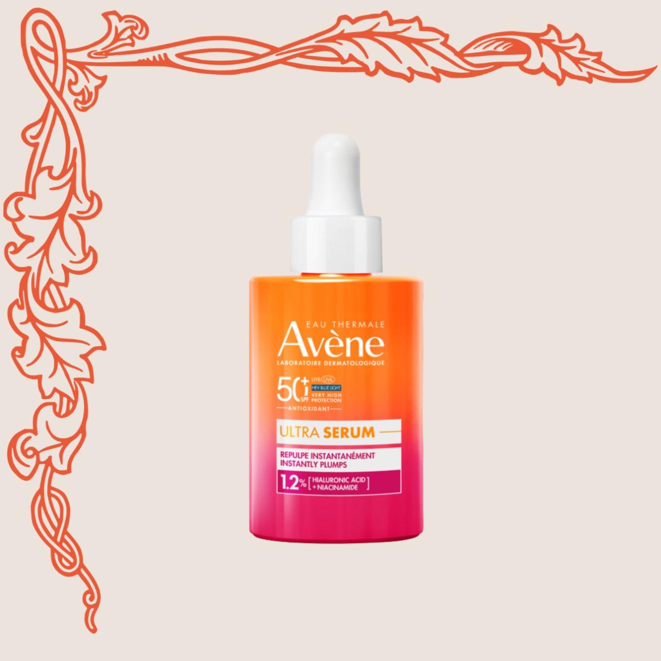 Ultra Serum SPF50, Avène Αντηλιακό με καινοτομική υφή ορού και συνδυασμό υαλουρονικού οξέως και νιασιναμίδης. Επιπλέον, με το πρωτοποριακό φίλτρο Triasorb™ για προστασία από τις ακτίνες UVB, UVA και το μπλε φως HEV
