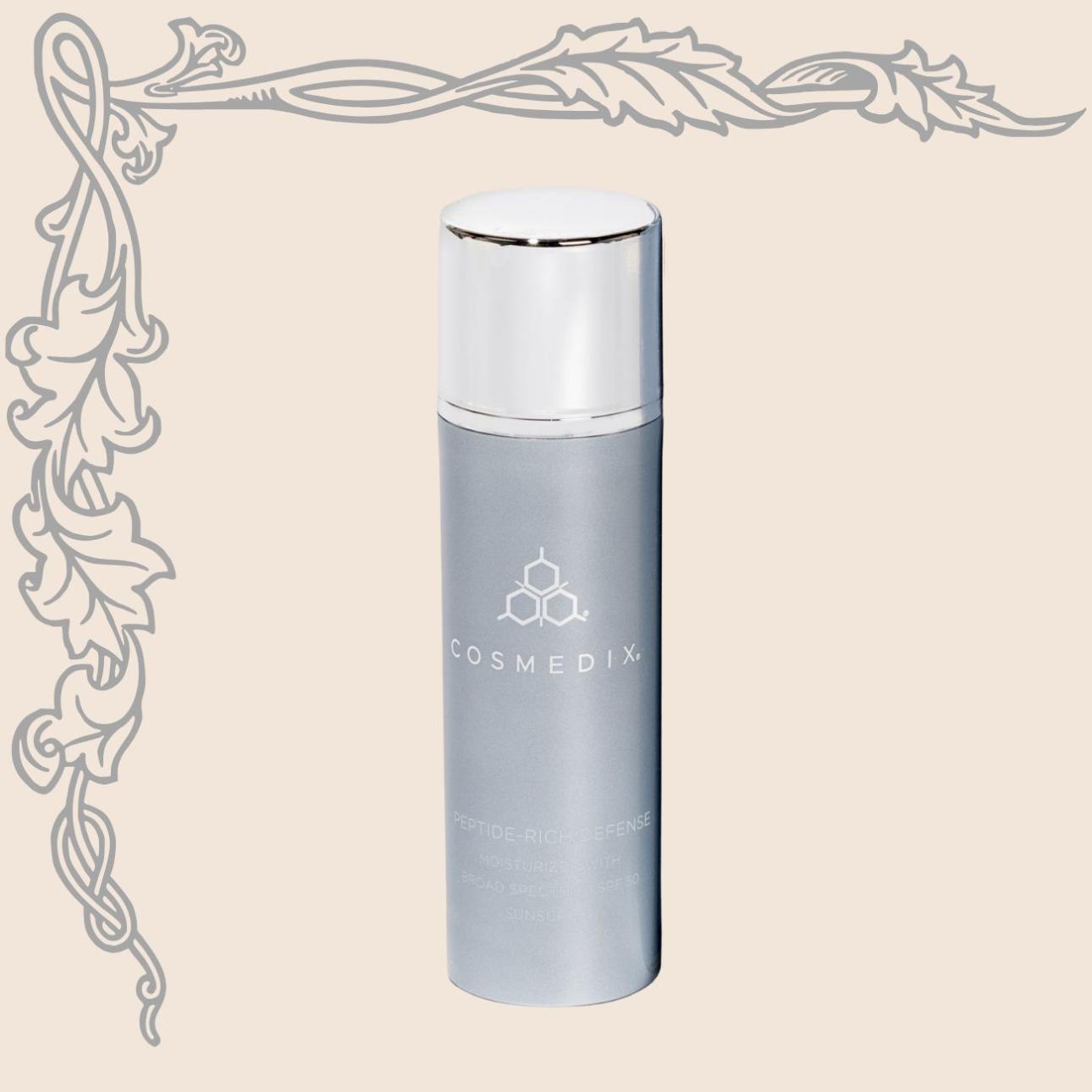 Peptide Rich Defence SPF 50, Cosmedix Αντηλιακό προσώπου με ισχυρή αντιγηραντική δράση χάρις στη σύνθεσή του με πεπτίδια, τρεχαλόζη, φυσικά βοτανικά εκχυλίσματα και βιταμίνη Ε. 