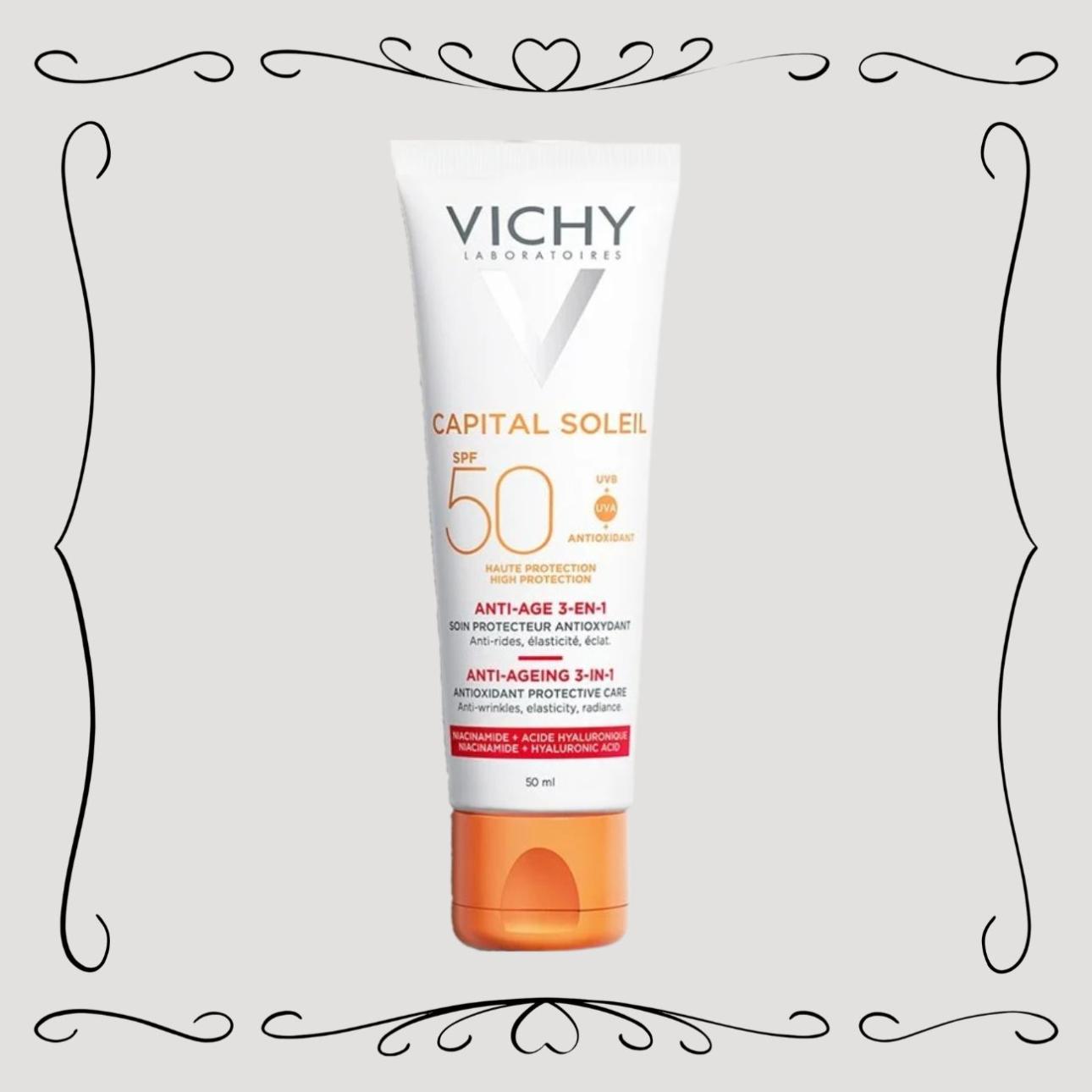 Capital Soleil Anti-Taches 3-en-1 Tinted SPF 50, Vichy: Ενσωματώνει βιταμίνη E με αντιοξειδωτικές ιδιότητες και αποτρέπει τις επιδράσεις των ελεύθερων ριζών. Με αποδεδειγμένη αποτελεσματικότητα κατά των κηλίδων.