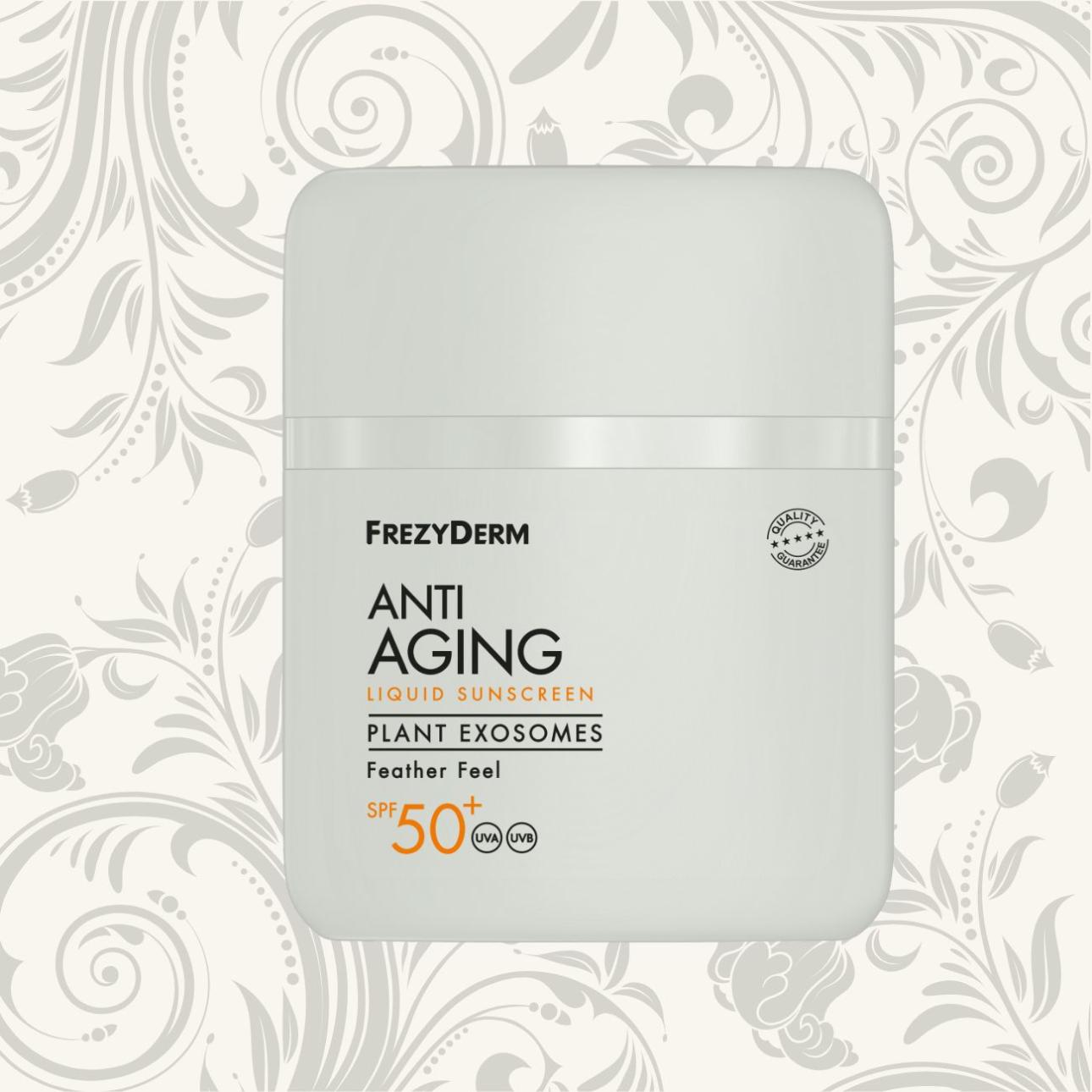  Anti-Aging Sunscreen Face Liquid Plant Exosomes SPF50+, Frezyderm  Προηγμένη dermo-tech αντηλιακή σύνθεση με φυτικά εξωσώματα, μικροσκοπικές βιοδραστικές νανο-φυσαλίδες που ενισχύουν τη μεταφορά ενεργών συστατικών και υποστηρίζουν τους μηχανισμούς ανανέωσης της επιδερμίδας. Παρέχει προστασία ευρέος φάσματος UVA/UVB, ενώ στοχεύει σε ρυτίδες, απώλεια ελαστικότητας και φωτογήρανση μέσω αντιοξειδωτικής και επανορθωτικής δράσης. Η πανάλαφρη, feather-light υγρή υφή δημιουργεί αόρατο, ματ φιλμ χωρίς λιπαρότητα ή λευκά υπολείμματα, με σταθερή απόδοση στην καθημερινή έκθεση στον ήλιο. 
