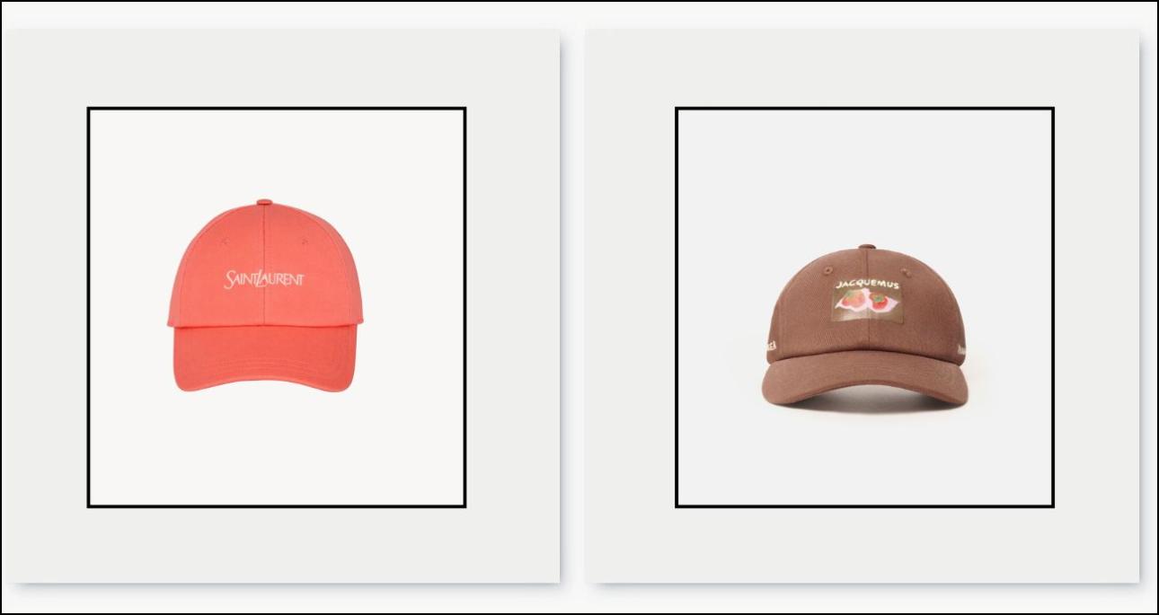 Από αριστερά: Πορτοκαλί καπέλο, €430, Saint Laurent, ysl.com και καφέ καπέλο με φράουλες, €130, Jacquemus, jacquemus.com