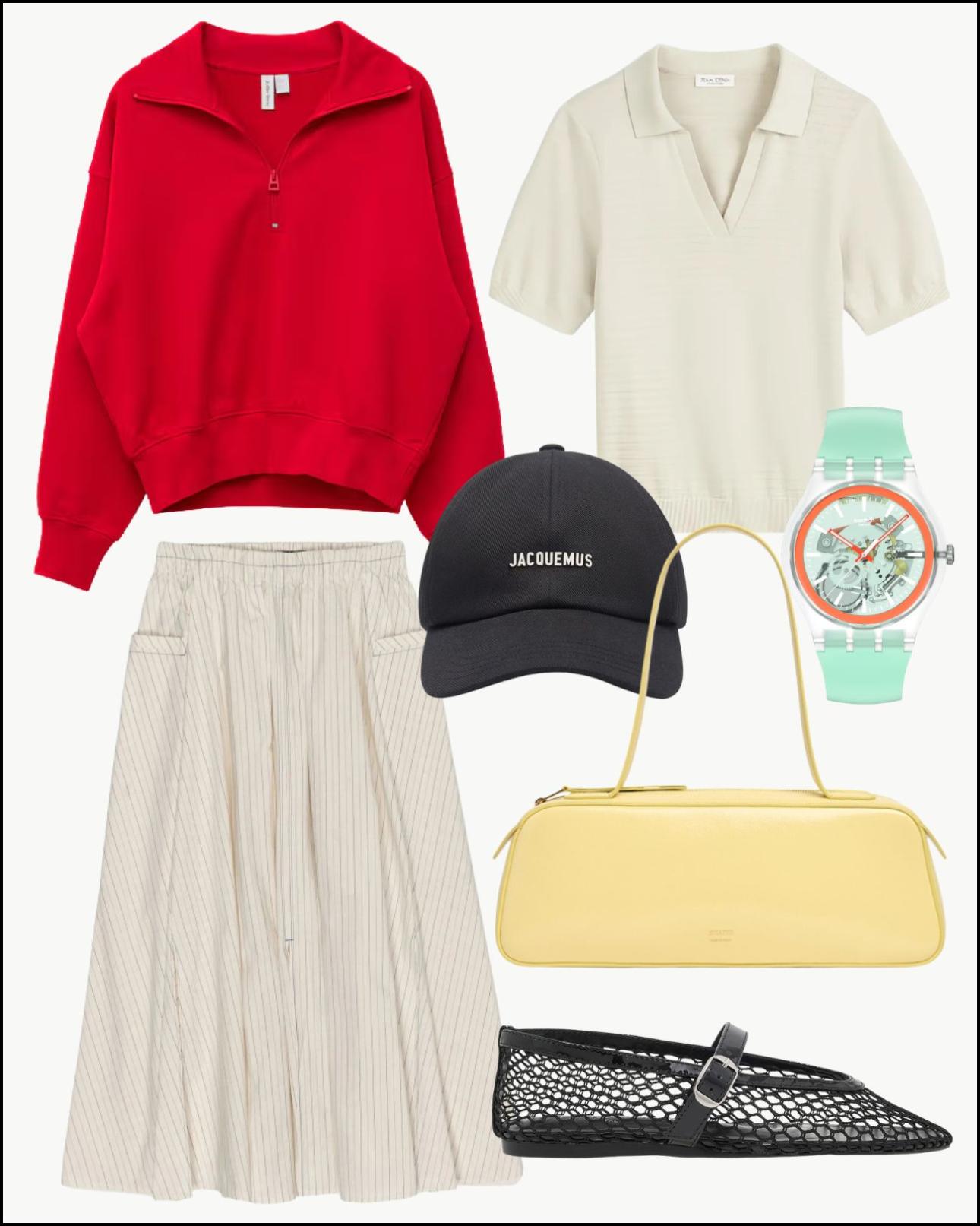 Κόκκινη μπλούζα, €79, &amp; Other Stories, stories.com, πλεκτό polo, €97, Marc O' Polo, farfetch.com, κλος φούστα, €190, Bimba Y Lola, atticadps.gr, καπέλο, €130, Jacquemus, jacquemus.com, ρολόι, €105, Swatch, swatch.com, τσάντα, €1.980, Khaite, luisaviaroma.com και μπαλαρίνες, €59,95, Renato Garini, tsakirismallas.gr