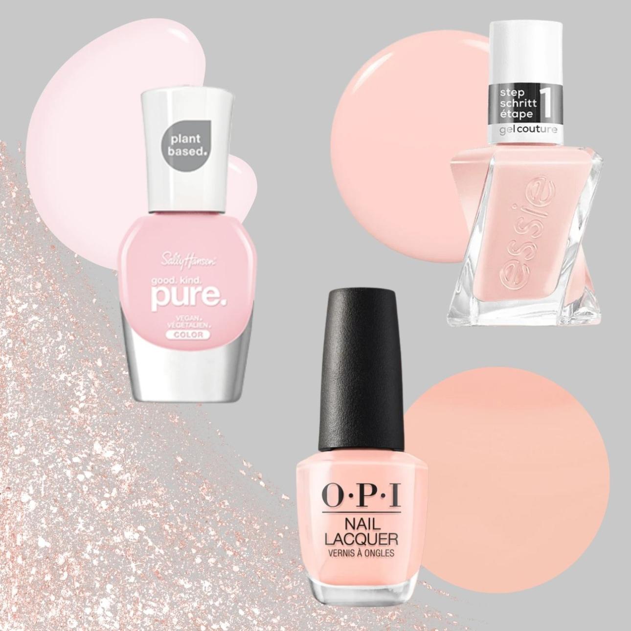 Από πάνω αριστερά και δεξιόστροφα:  Good.Kind.Pure Pink Cloud, Sally Hansen Gel Couture Fairy Tailor, Essie Nail Lacquer Coney Island Cotton Candy, OPI