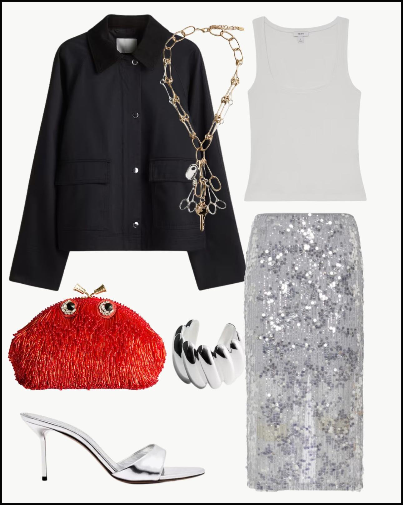 Από αριστερά: Μπλε σκούρο τζάκετ, €38,99, H&amp;M, www2.hm.com, λευκό tank top με καρέ λαιμόκοψη, €40 Reiss, reiss.com, μακρύ κολιέ, €27,99 και βραχιόλι με ανάγλυφο σχέδιο σε ασημένιο χρώμα, €55,99, όλα Mango, shop.mango.com, τσαντάκι με χάντρες, €1.370,31, Anya Hindmarch, anyahindmarch.com, φούστα με παγιέτες, €215, Marella, atticadps.gr και μεταλλικά mules, €645, Paris Texas, simple-caracters.gr