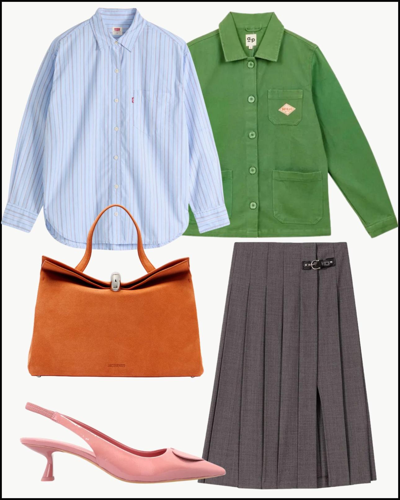 Πουκάμισο, €64,95, Levi's, zalando.gr, πράσινο barn jacket, €124, A.P., smallable.com, τσάντα, €1.490, Jacquemus, mytheresa.com, γόβες, €203,98, Kate Spade, cettire.com και φούστα, €255, Maje, farfetch.com