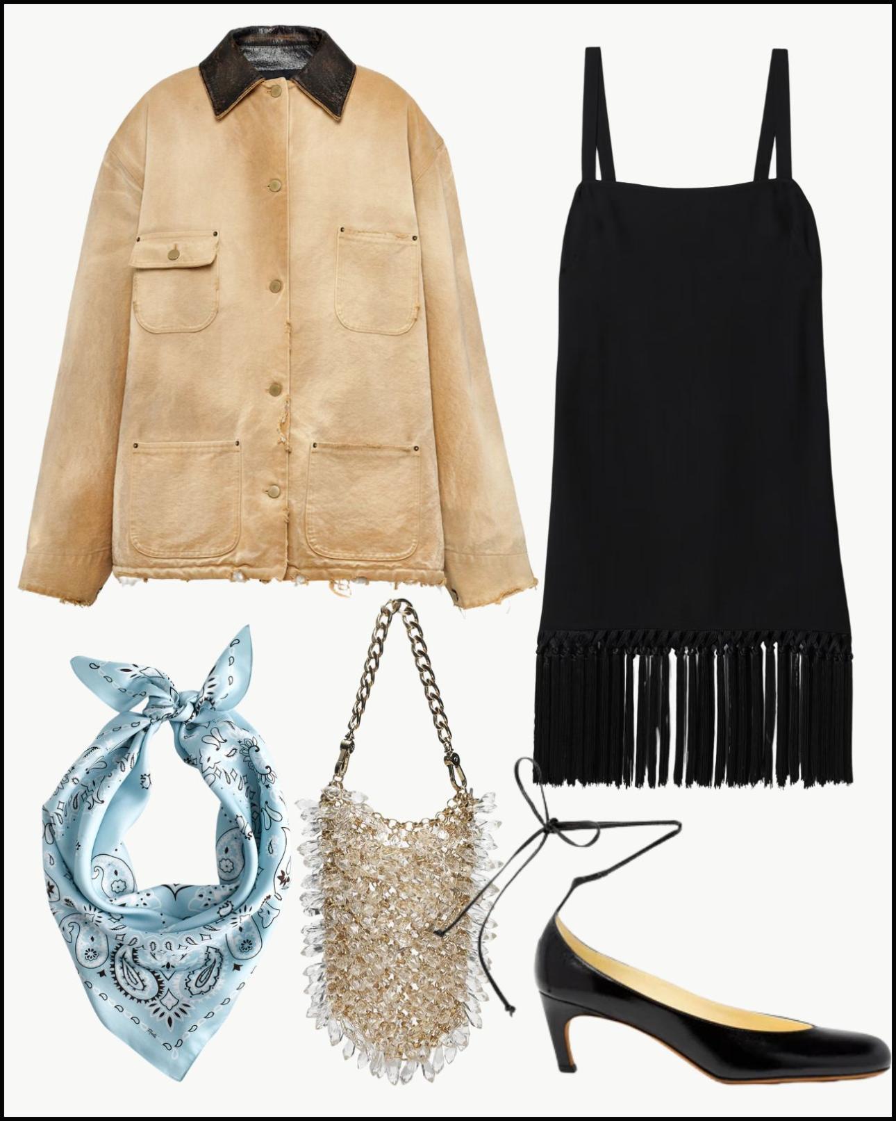 Barn jacket, €3.700, Prada, prada.com, φόρεμα με κρόσια, €700, Taller Marmo, net-a-porter.com, γόβες, €790, Proenza Schouler, proenzaschouler.com, μεταξωτό μαντήλι, €82, Madewell, madewell.com και βραδινό τσαντάκι, €34,99, Axel Accessories, axelaccessories.gr