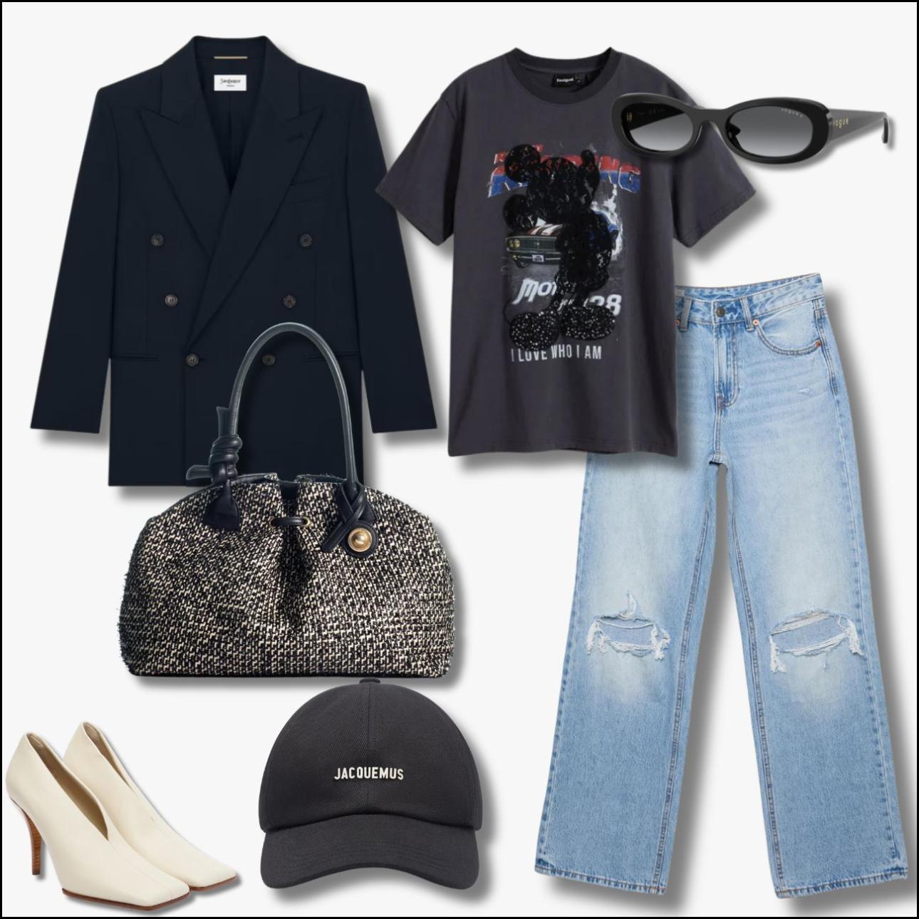 Από αριστερά: Σταυρωτό σακάκι, €2.900, Saint Laurent, ysl.com, T-shirt, €34,97, Desigual, desigual.com, γυαλιά ηλίου, €69, Vogue, amevista.com, τσάντα, €445, Kooreloo, kooreloo.com, τζιν, €27,99, Stradivarius, stradivarius.com, γόβες, €1.190, Alaïa, mytheresa.com και καπέλο, €130, Jacquemus, jacquemus.com