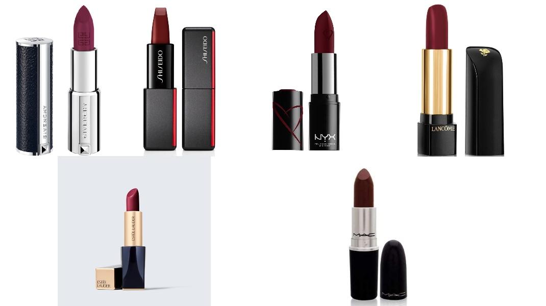 Givenchy, N218 VioletShiseido, #521NYX Cosmetics, Ninth AvenueLancome, 397 Berry NoirEstée Lauder, Stay MauveMAC, Diva