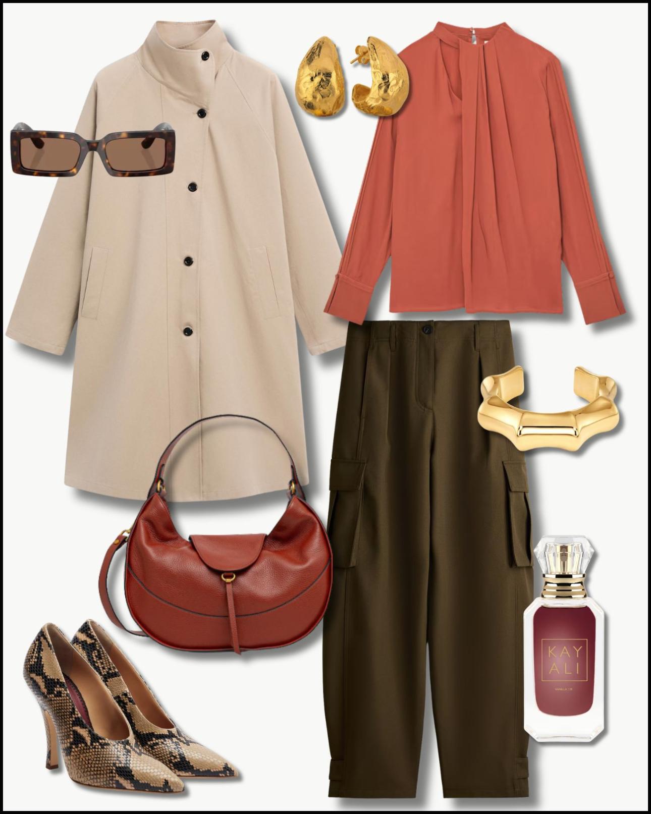 Από αριστερά: Καμπαρντίνα, €149, Massimo Dutti, massimodutti.com, σκουλαρίκια, €240, Wolf&amp;Badger, wolfandbadger.com, μπλούζα με ντραπέ λεπτομέρειες, €195, Reiss, reiss.com, γυαλιά ηλίου, €175, Dolce&amp;Gabbana, otticacenter.gr, τσάντα, €189,90, Gianni Chiarini, answear.gr, παντελόνι cargo, €38,99, H&amp;M, www2.hm.com, βραχιόλι, €85, EDBLAD, notos.gr, γόβες με  snake-effect, €995, Magda Butrym, mytheresa.com και άρωμα, από €33,95, Vanilla Kayali, sephora.gr