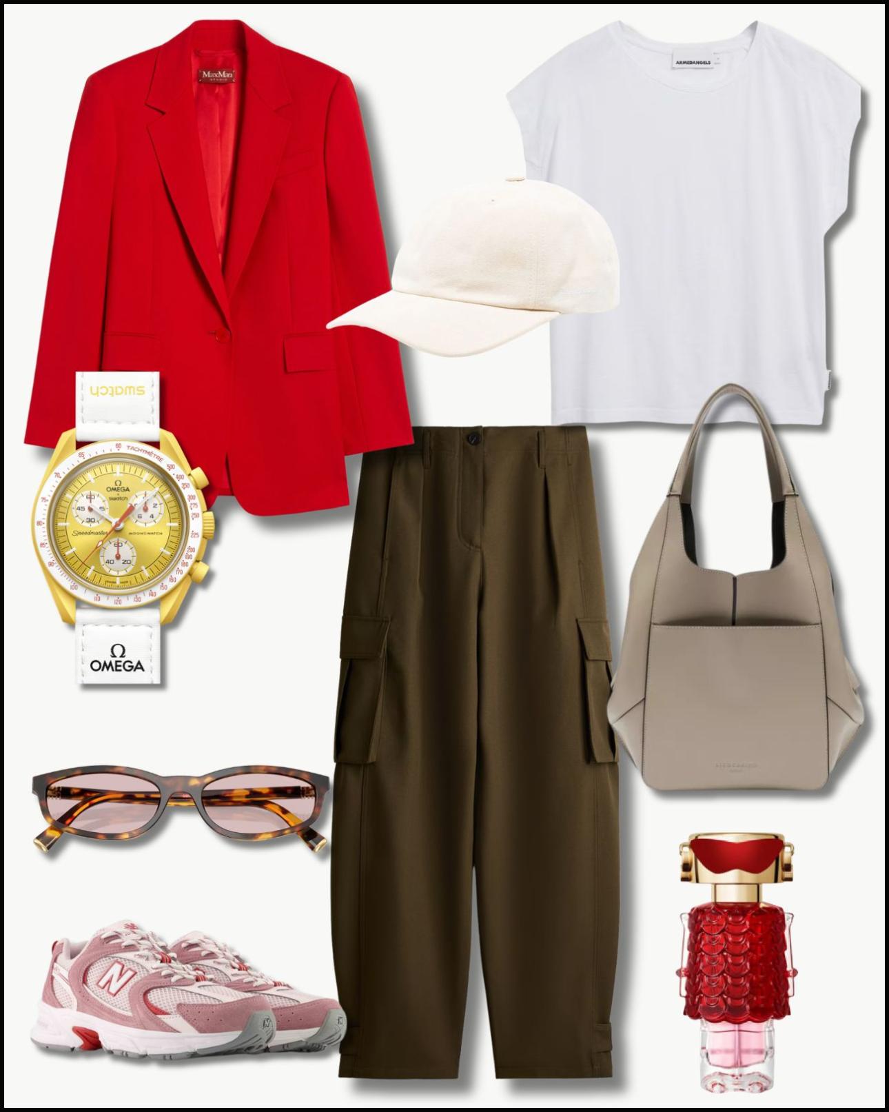 Από αριστερά: Σακάκι, €530, Studio Max Mara, gr.maxmara.com, τζόκεϊ, €80, Jacquemus, farfetch.com, T-shirt, €34,90, Armendangels, aboutyou.gr, ρολόι, €275, Swatch x Omega, swatch.com, παντελόνι cargo, €38,99, H&amp;M, ww2.hm.com, τσάντα, €299, Liebeskind Berlin, int.liebeskind-berlin.com, γυαλιά ηλίου, €227,50, Miu Miu, amevista.com, sneakers, €119,95, 530 New Balance, newbalance.gr και άρωμα, από €84,95, Fame in Love Elixir Rabanne, sephora.gr