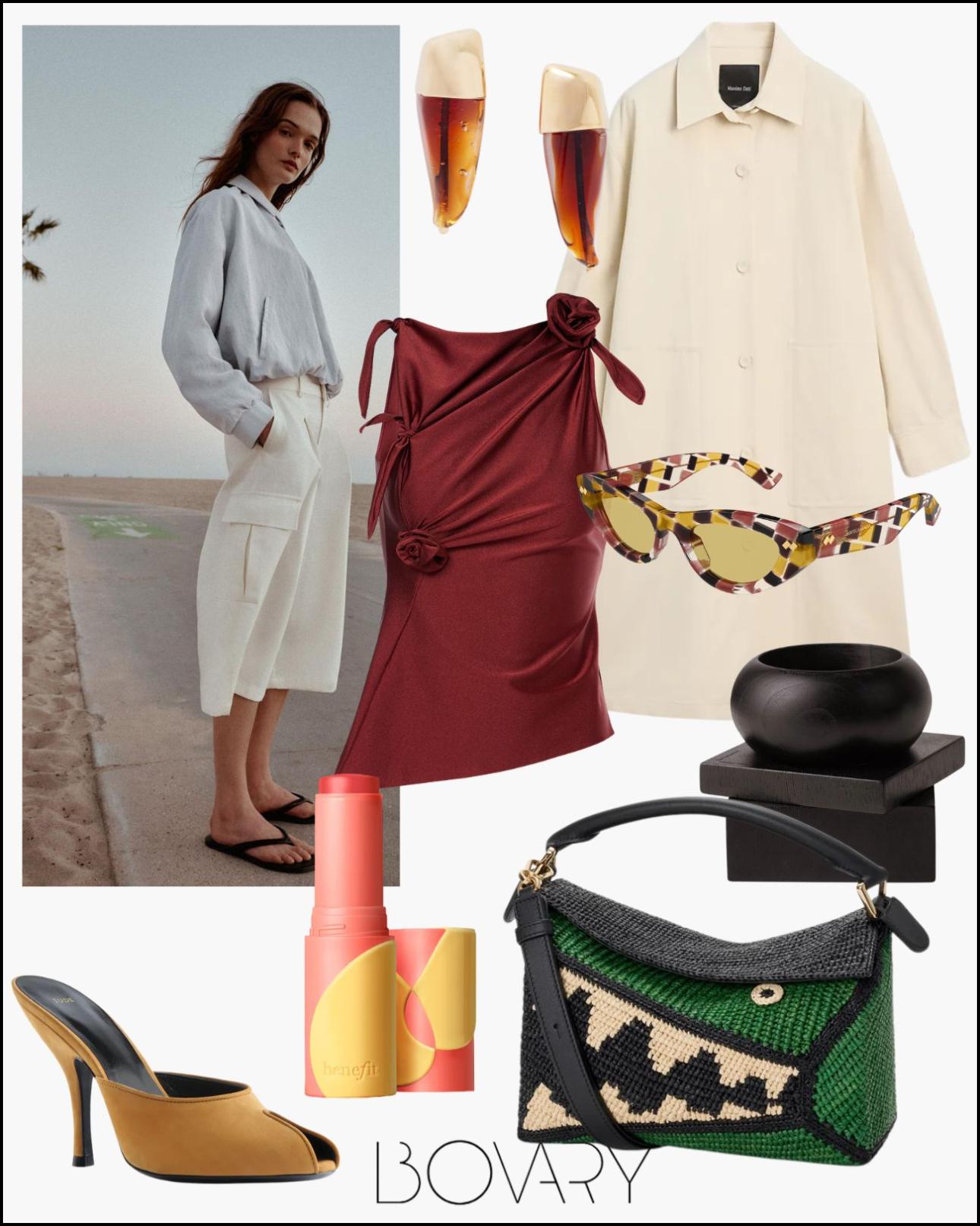 Από αριστερά:  Off white cargo βερμούδα, €27,95, Zara, zara.com, σκουλαρίκια, €1.100, Bottega Veneta, net-a-porter.com, πανωφόρι, €149, Massimo Dutti, massimodutti.com, μπλούζα, €350, Coperni, mytheresa.com, γυαλιά ηλίου, €285,10 Bottega Veneta, amevista.com, καστόρινα mules, €490, Jade, jade.com, ρουζ σε μορφή τζελ, €41,50, Benefit Cosmetics, sephora.gr, βραχιόλια, €199, The Frankie Shop, eu.thefrankieshop.com και τσάντα, €2.800, Loewe, loewe.com