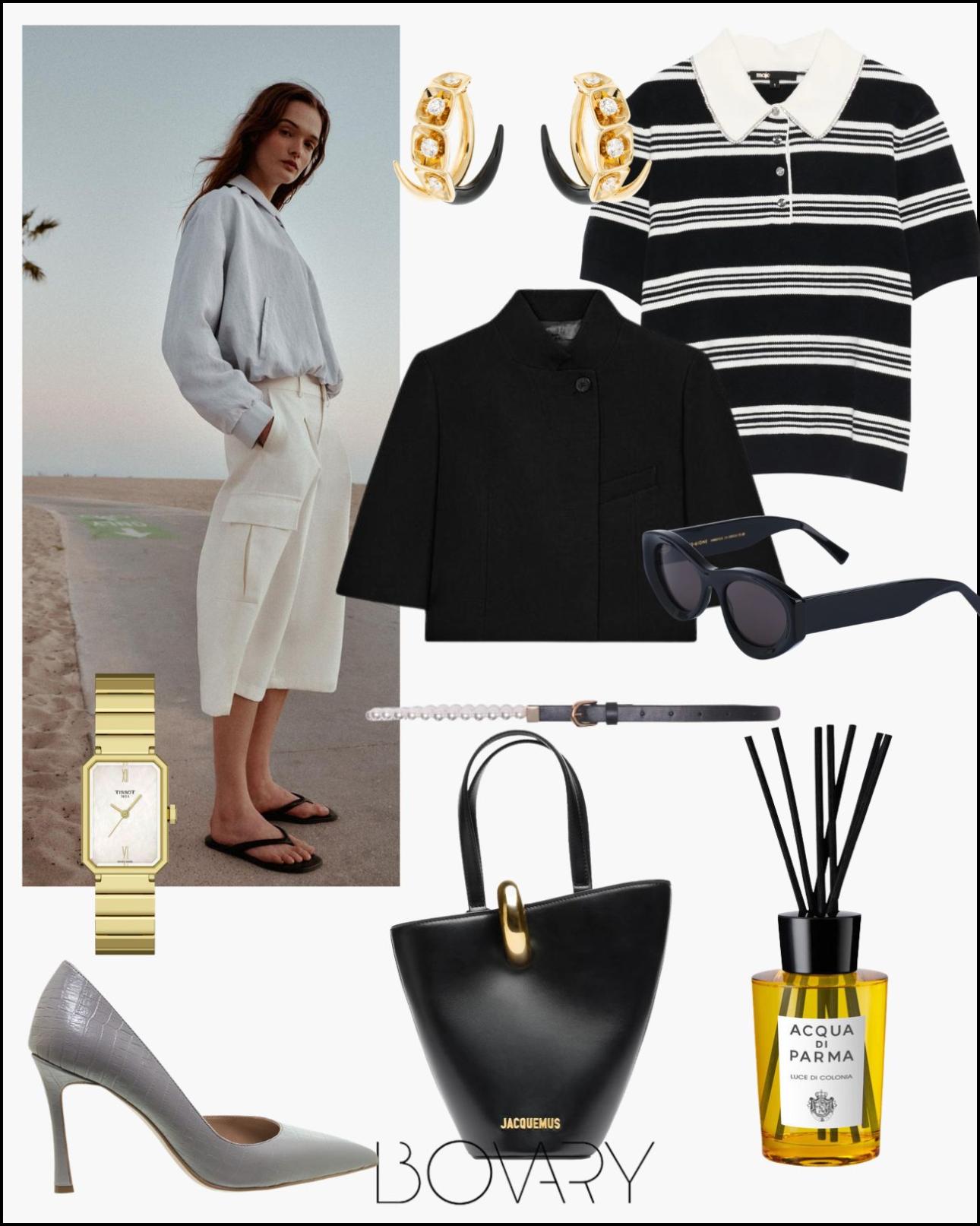 Από αριστερά: Off white cargo βερμούδα, €27,95, Zara, zara.com, σκουλαρίκια Nikos Koulis, nikoskoulis.com, ριγέ πόλο, €155, Maje, farfetch.com, ρολόι, €525, Tissot SRV, kessaris.gr, ζώνη με πέρλες και δέρμα, €122, Maje, atticadps.gr, γυαλιά, €230, Zeus+Dione, zeusndione.com, κροκό γόβες, €139,95, Mourtzi, mourtzi.com, τσάντα, €890, Jacquemus, atticadps.gr και diffuser από €95, Acqua di Parma, acquadiparma.com