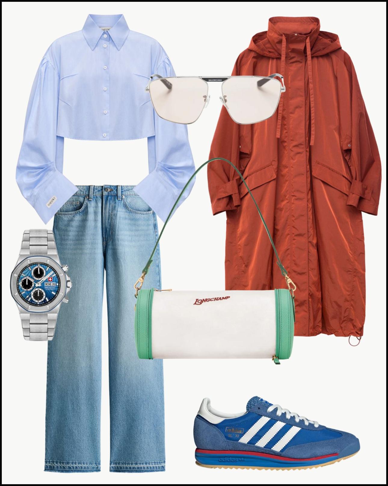 Cropped γαλάζιο πουκάμισο, €125, Majestaet, majestaet.com, γυαλιά ηλίου, €294, Balenciaga, farfetch.com, αντιανεμικό, €199, &amp;Other Stories, stories.com, ρολόι, €1.499, Swiss Military Hanowa, clachic.gr, τζιν παντελόνι, €27,99, H&amp;M, www2.hm.com, τσάντα, €300, Longchamp, longchamp.gr και sneakers, €100, Adidas SL 72, adidas.gr