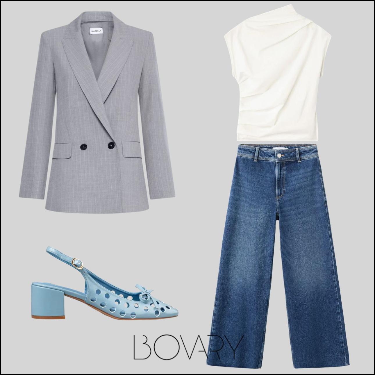 Σταυρωτό σακάκι, €290, Marella, gr.marella.com, ντραπέ τοπ, €180, Ganni, farfetch.com, slingback γόβες, €59,90, Envie Shoes, envieshoes.gr και wide leg cropped τζιν, €29,99, Mango, shop.mango.com