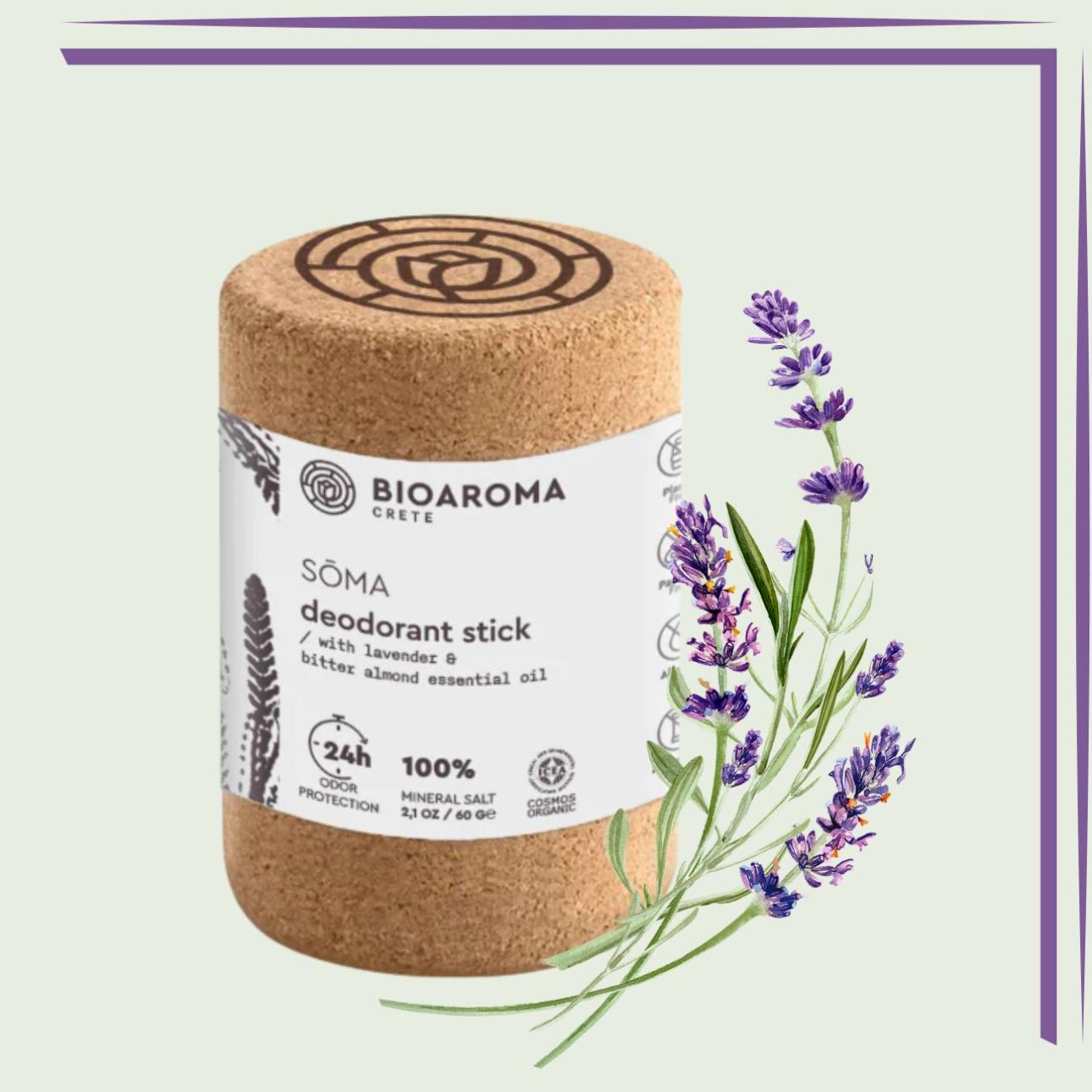 Soma Natural Deodorant Stick, Bioaroma Crete Φυσικό αποσμητικό σε μορφή κρυστάλλου, με βάση τα ορυκτά άλατα και αιθέριο έλαιο λεβάντας. Η σύνθεση περιλαμβάνει ammonium alum, ένα φυσικό μεταλλικό άλας που συμβάλλει στον έλεγχο των οσμών χωρίς να εμποδίζει τη φυσική εφίδρωση, καθώς και βιολογικό έλαιο λεβάντας για ήπιο άρωμα και αίσθηση φρεσκάδας. Η λιτή φόρμουλα ολοκληρώνεται από φυσικά συστατικά αρώματος που προέρχονται από το αιθέριο έλαιο, καθιστώντας το κατάλληλο για όσους προτιμούν συνθέσεις με περιορισμένο αριθμό συστατικών.