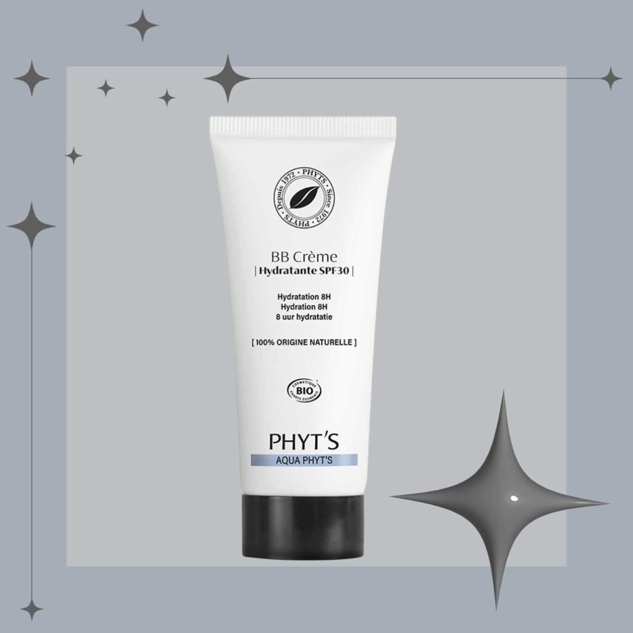 BB Crème hydratante SPF 30, Phyt’s  Με υαλουρονικό οξύ, εκχύλισμα άνθους ροδιού και φυτική βιταμίνη Ε. Το 100% των συστατικών είναι φυσικής προέλευσης ενώ 29% από τα συνολικά συστατικά προέρχονται από βιολογική γεωργία. 