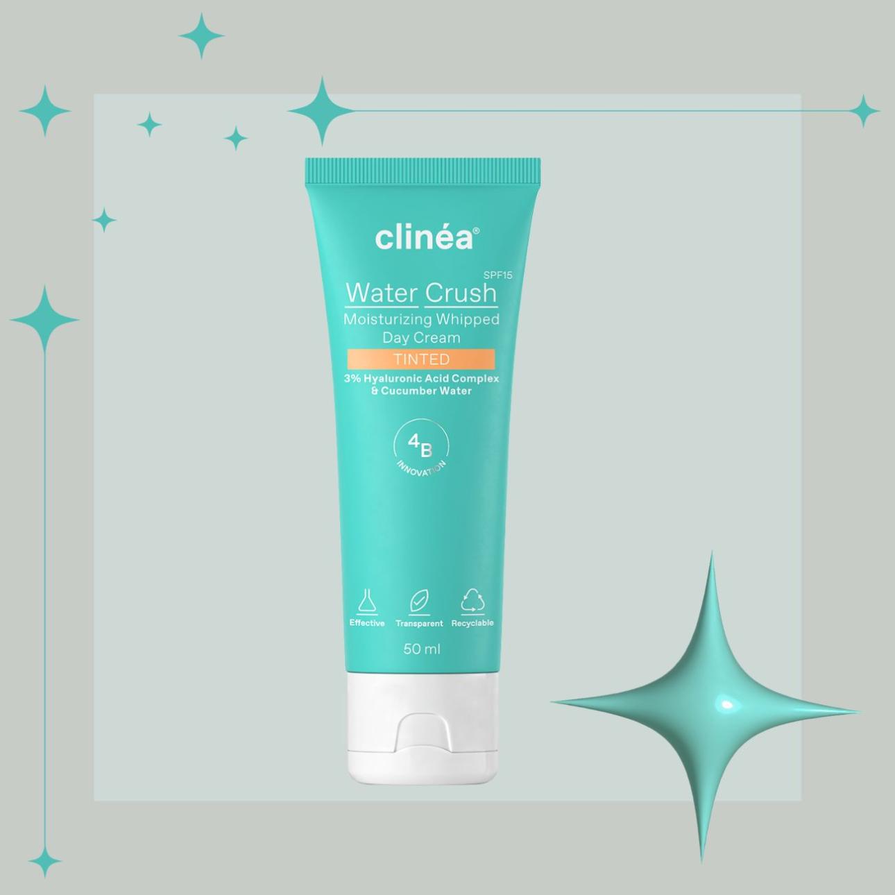 Water Crush Tinted SPF15, Clinéa / Mε σύμπλοκο υαλουρονικού οξέος 3% (4 Balance Boosters που πρωταγωνιστεί σε όλα τα προϊόντα του brand) και δροσιστικό νερό αγγουριού, χαρίζει στην επιδερμίδα άμεση, μακράς διάρκειας ενυδάτωση και ελαφριά κάλυψη.