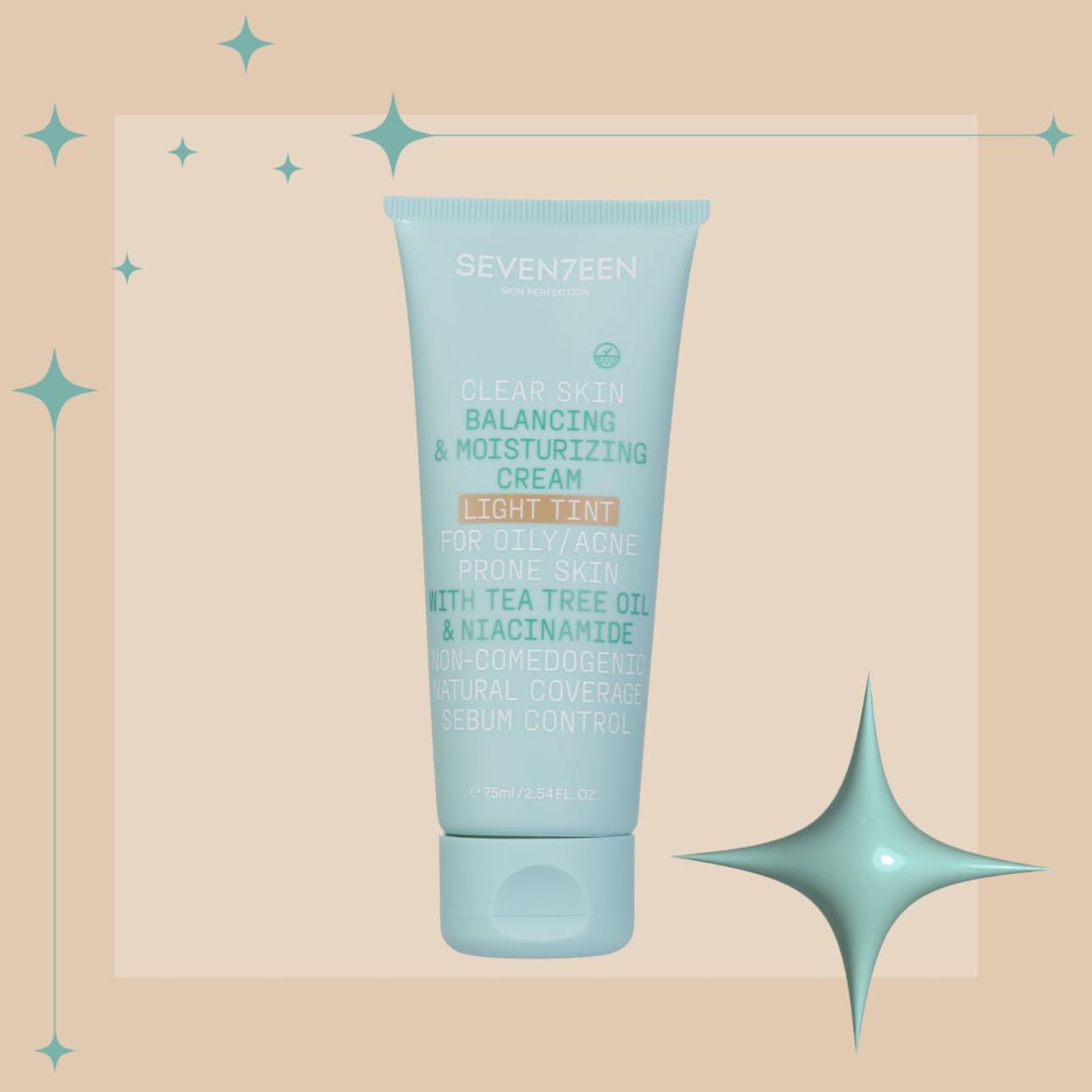 Clear Skin Balancing &amp; Moisturizing Tinted Cream Light Tint, Seventeen / Εμπλουτισμένη με έλαιο τεϊόδεντρου και μικροσπόγγους, βοηθάει βοηθά στην πρόληψη των συμπτωμάτων της ακμής ενώ παράλληλα καλύπτει τις ατέλειες.