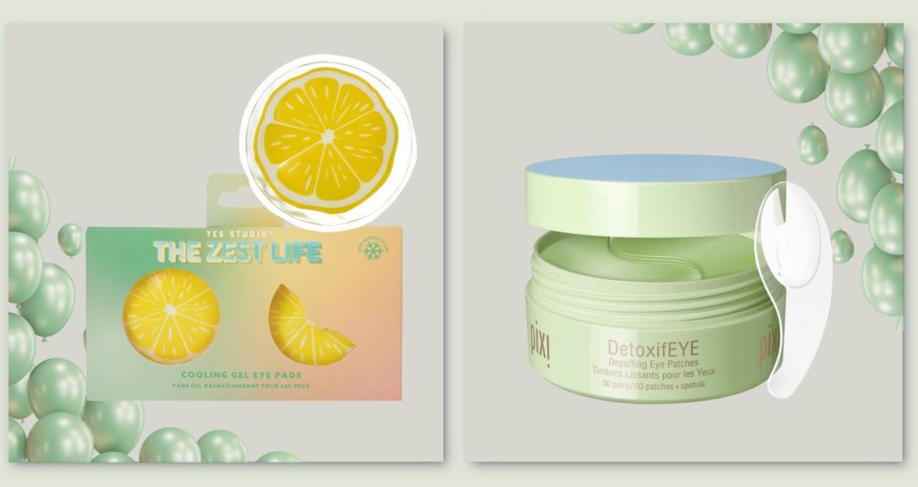  The Zest Life Cooling Gel Eye Pads, Yes Studio  Επαναχρησιμοποιούμενα cooling gel eye pads. Μπορούν να μπουν στο ψυγείο για extra δροσιά και χρησιμοποιούνται ξανά αφού καθαριστούν απαλά μετά τη χρήση.  Depuffing Eye Patches, Pixi Με αγγούρι, χρυσό, υαλουρονικό οξύ και καφεΐνη, συμβάλλουν στη μείωση του οιδήματος και ενυδατώνουν βαθιά.  