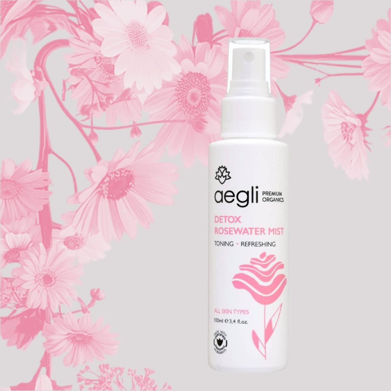 Detox Rosewater Mist, Aegli Premium Organics Με τριαντάφυλλo, μυρτιά και ελίχρυσο, για τόνωση, αναζωογόνηση, αποτοξίνωση κάθε στιγμή της ημέρας, σύμφωνα με τις αρχές του clean beauty.