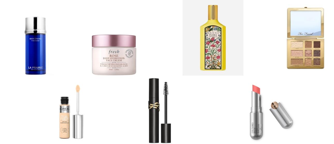La Prairie, Face Mistfresh, Rose Deep Hydration Face CreamGucci, FloraToo Faced, Natural PaletteL'Oreal Paris, True Match concealerYSL, MascaraKiko Milano, lip balm