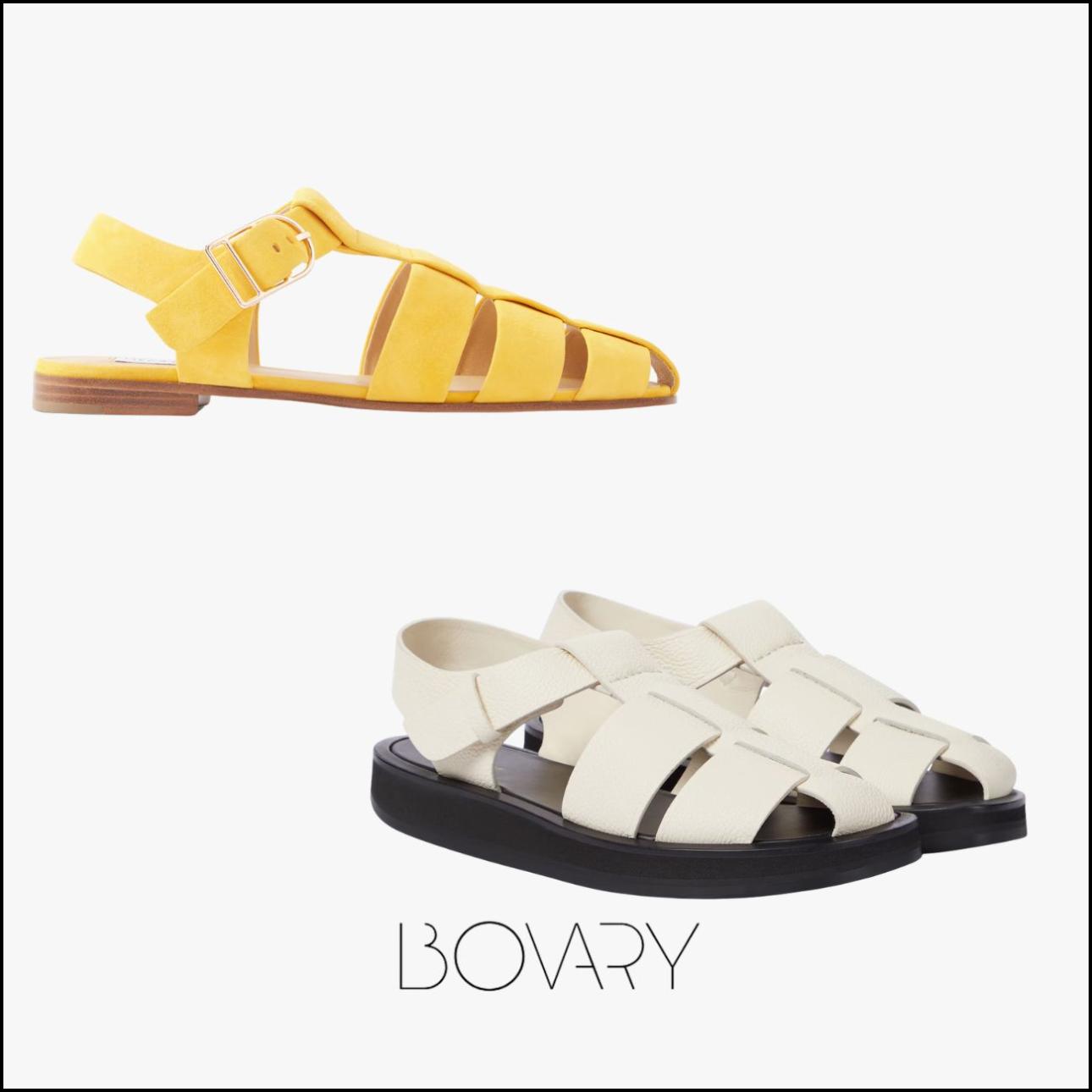 Κίτρινα σανδάλια, €960, Gabriela Hearst, net-a-porter.com και λευκά σανδάλια, €1.240, The Row, mytheresa.com
