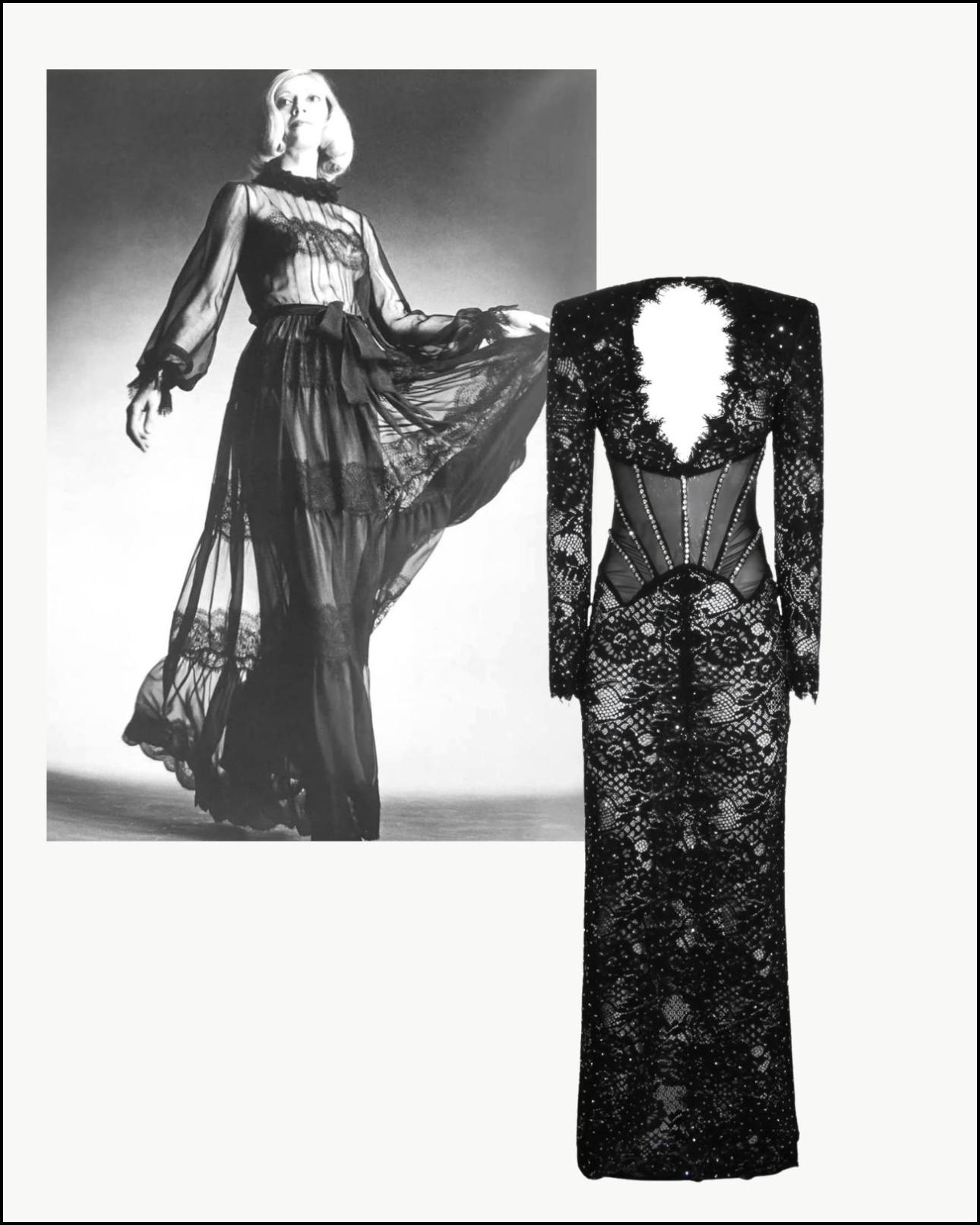 Μοντέλο με φόρεμα Haute Couture Yves Saint Laurent FW'71/Pinterest και μαύρο δαντελένιο see through φόρεμα, €1.334, Nissa, farfetch.com