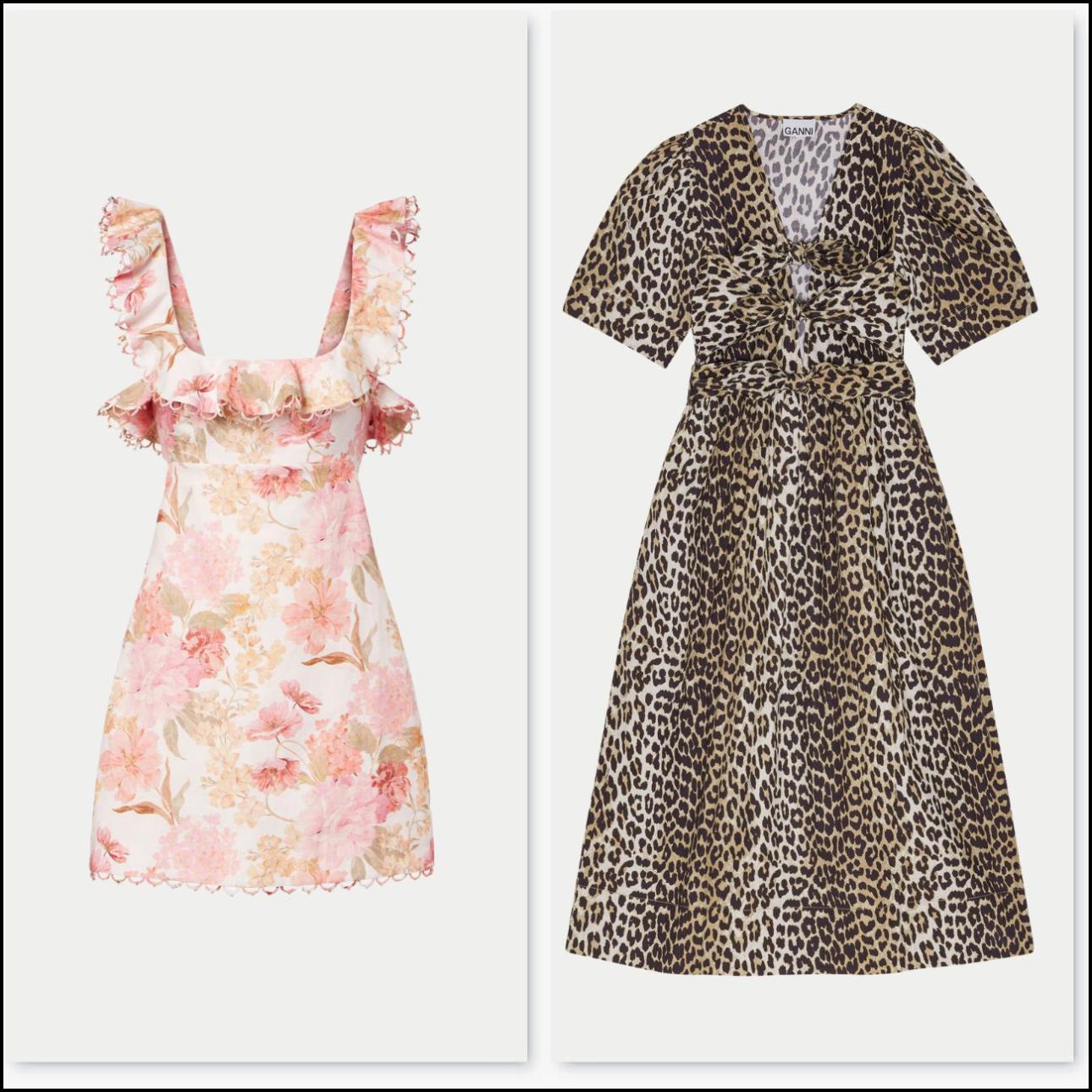 Από αριστερά: Μίνι φόρεμα, €775, Zimmermann, mytheresa.com και animal print φόρεμα, €295, Ganni, ganni.com