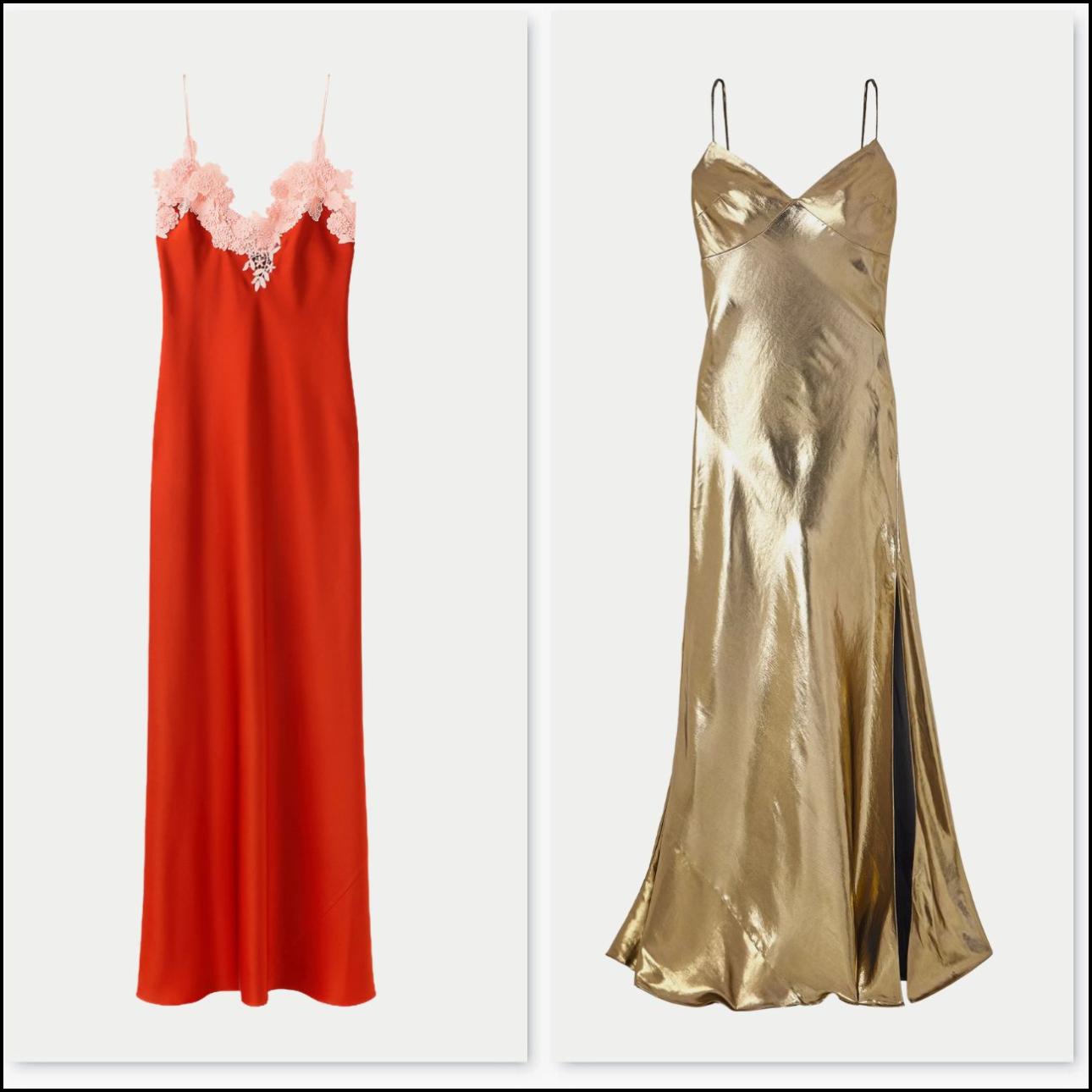 Από αριστερά: Πορτοκαλί φόρεμα, €259,99, Mango, shop.mango.com και χρυσό φόρεμα, €565, Self-Portrait, net-a-porter.com